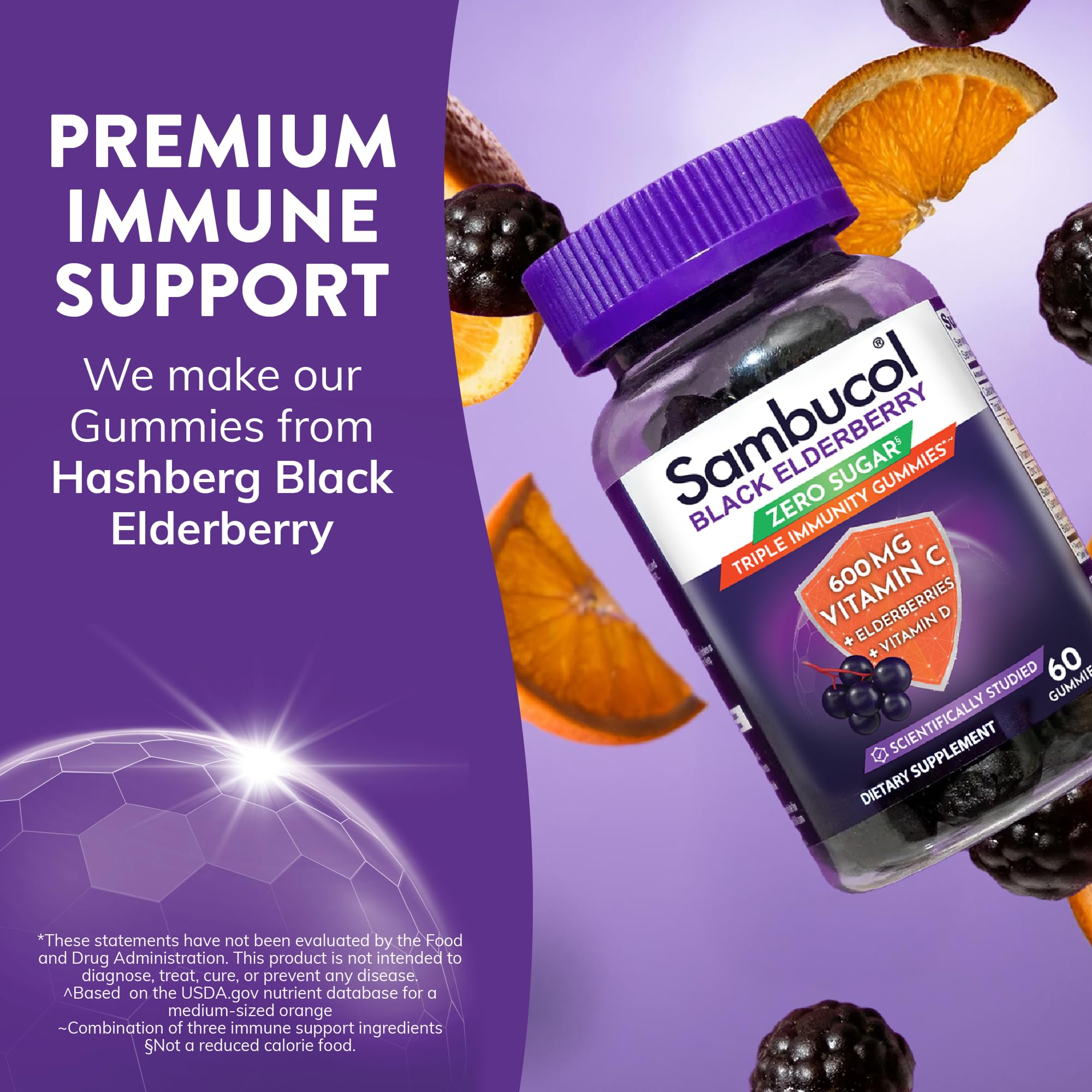 Sambucol Elderberry Gummies with fresh elderberries on a table