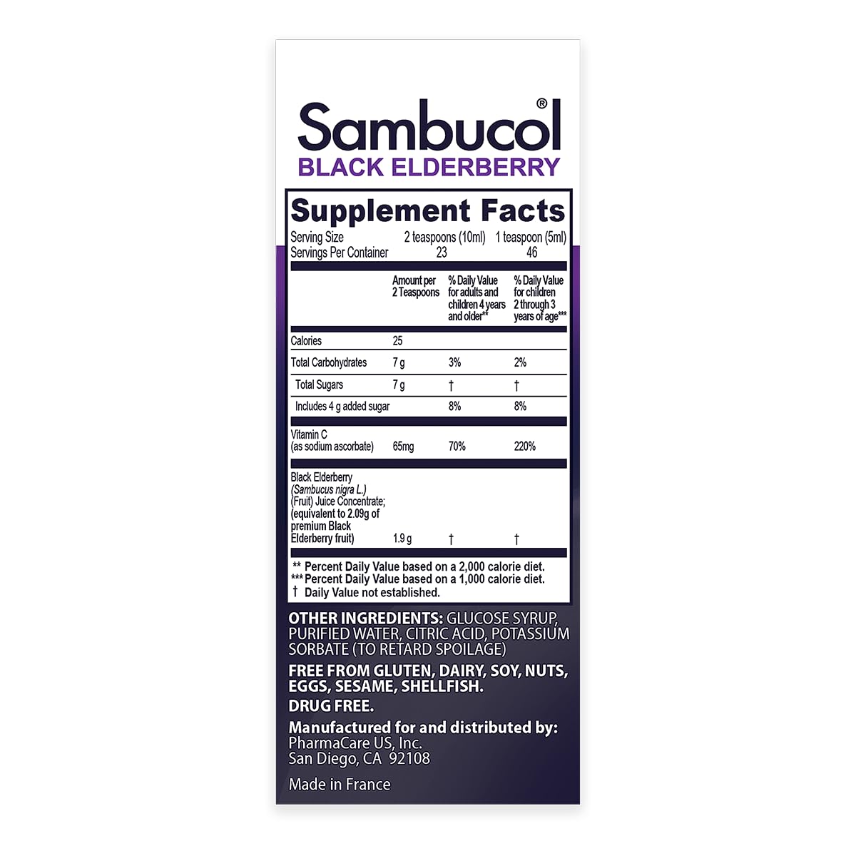 Sambucol Kids Black Elderberry Syrup 113g ingredients list
