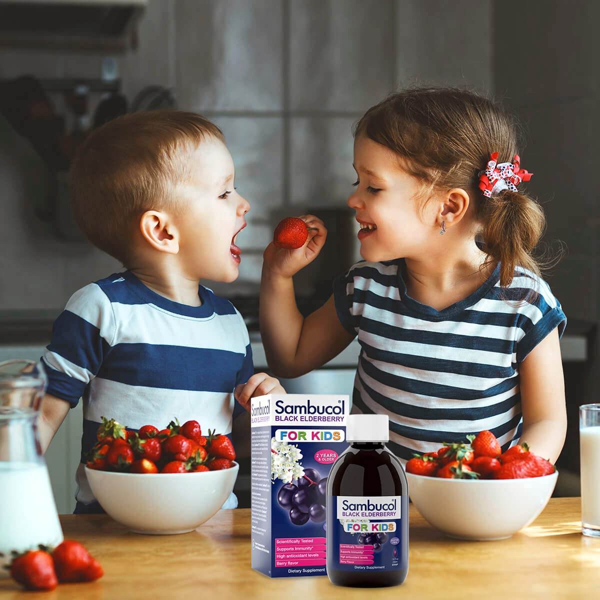 Sambucol Kids Black Elderberry Syrup 227g on a kitchen table