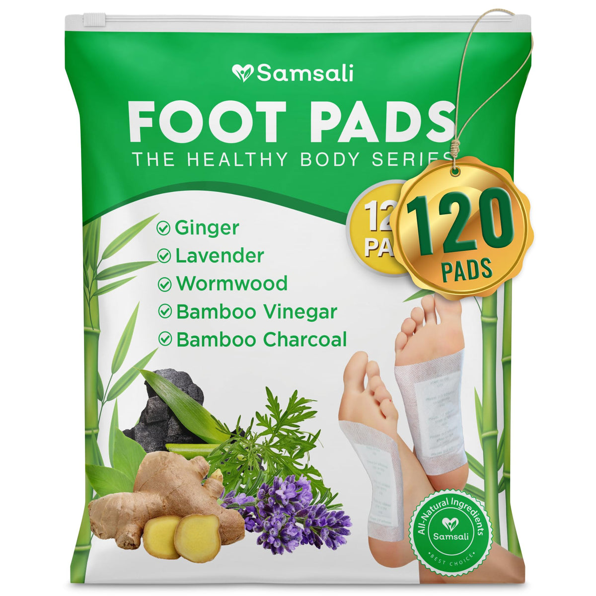 Samsali Foot Pads 120-Pack front view with packaging