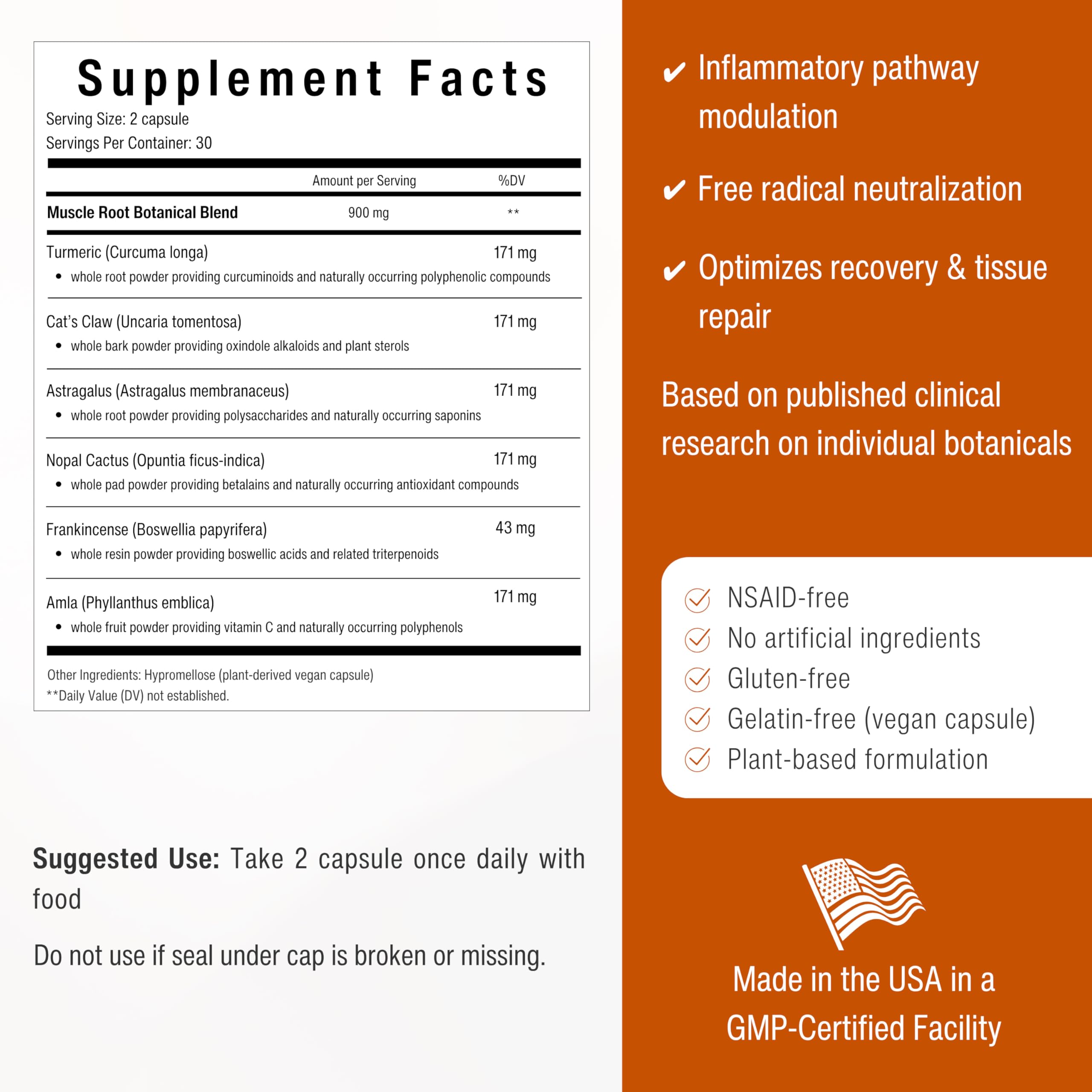 Sana Herbal Sciences Muscle Root 900mg vegan capsules with ingredients