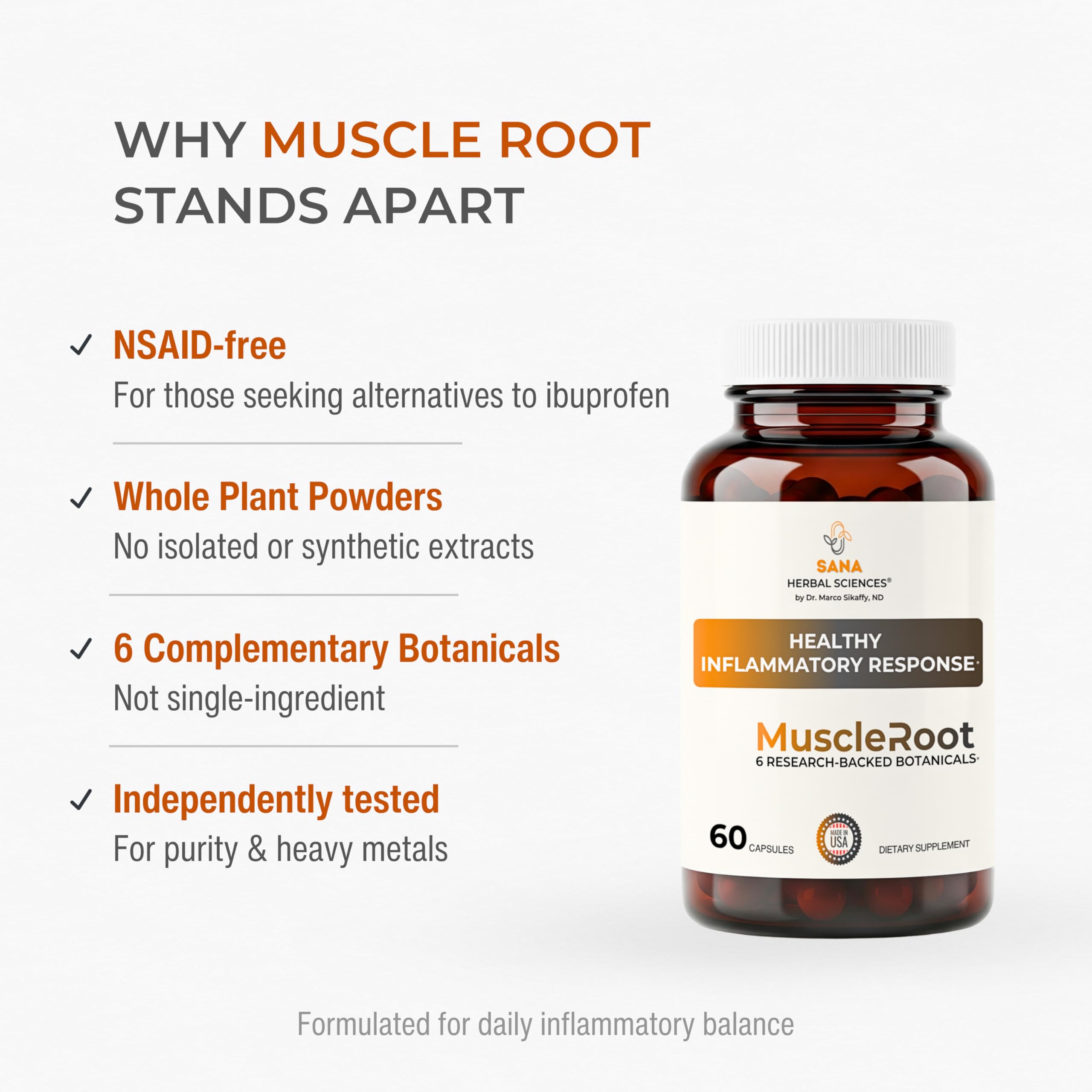 Sana Herbal Sciences Muscle Root 900mg vegan capsules with lifestyle background