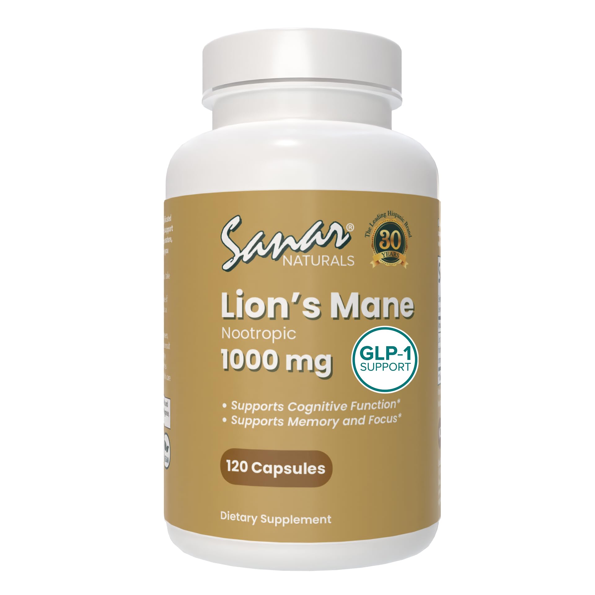 Sanar Naturals Lion's Mane Mushroom Supplement front view with 120 capsules