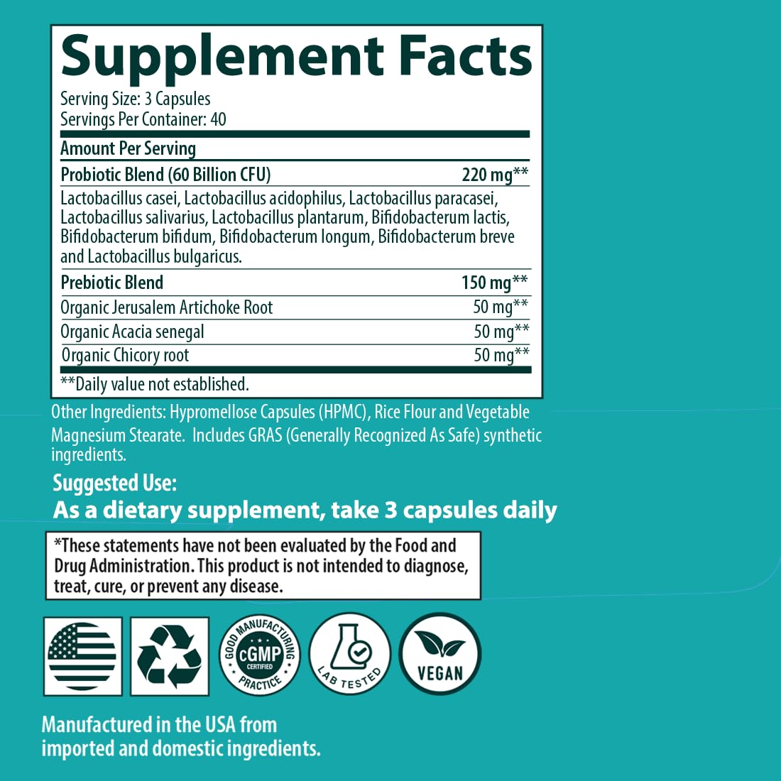 Sanar Naturals Probiotics 60 Billion CFU bottle with dosage
