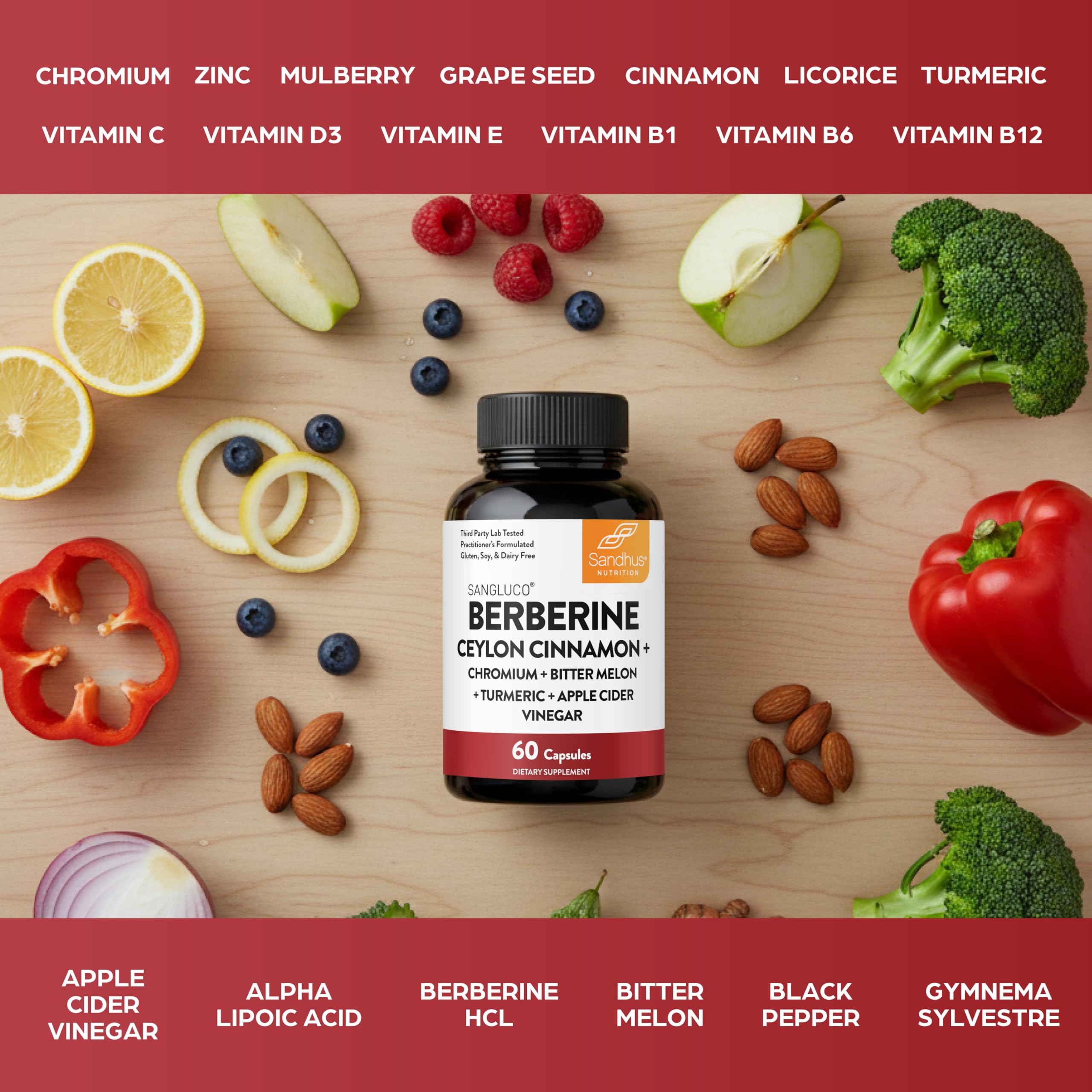 Sandhu's Advanced Berberine Ceylon Cinnamon Supplement on a wooden table