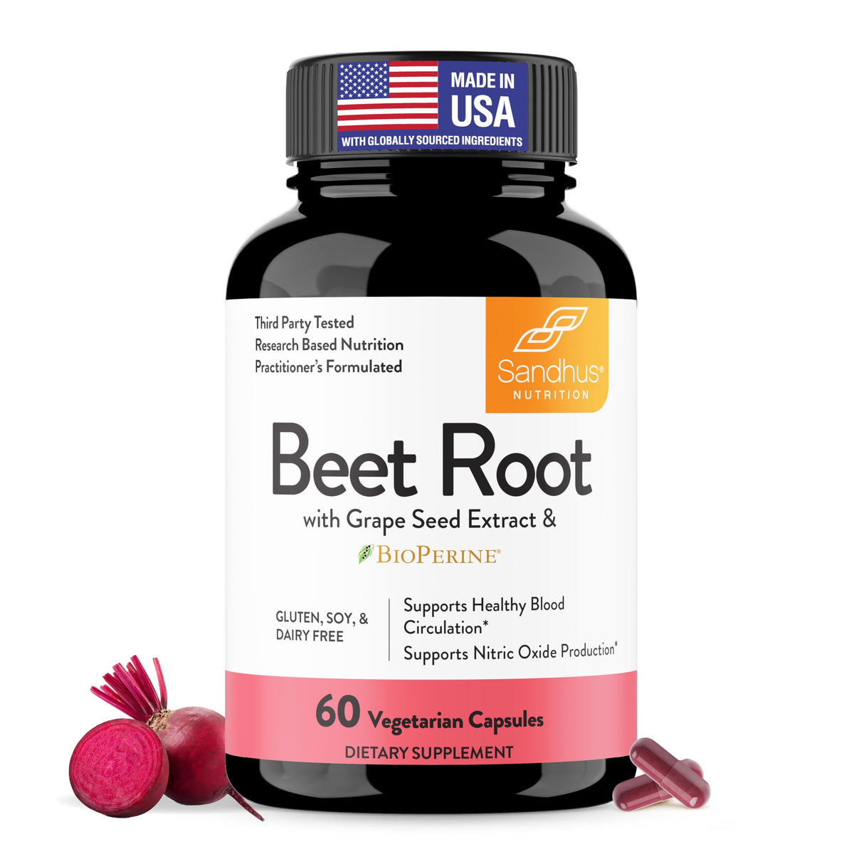 Sandhu's Beet Root Powder Capsules front view with bottle label