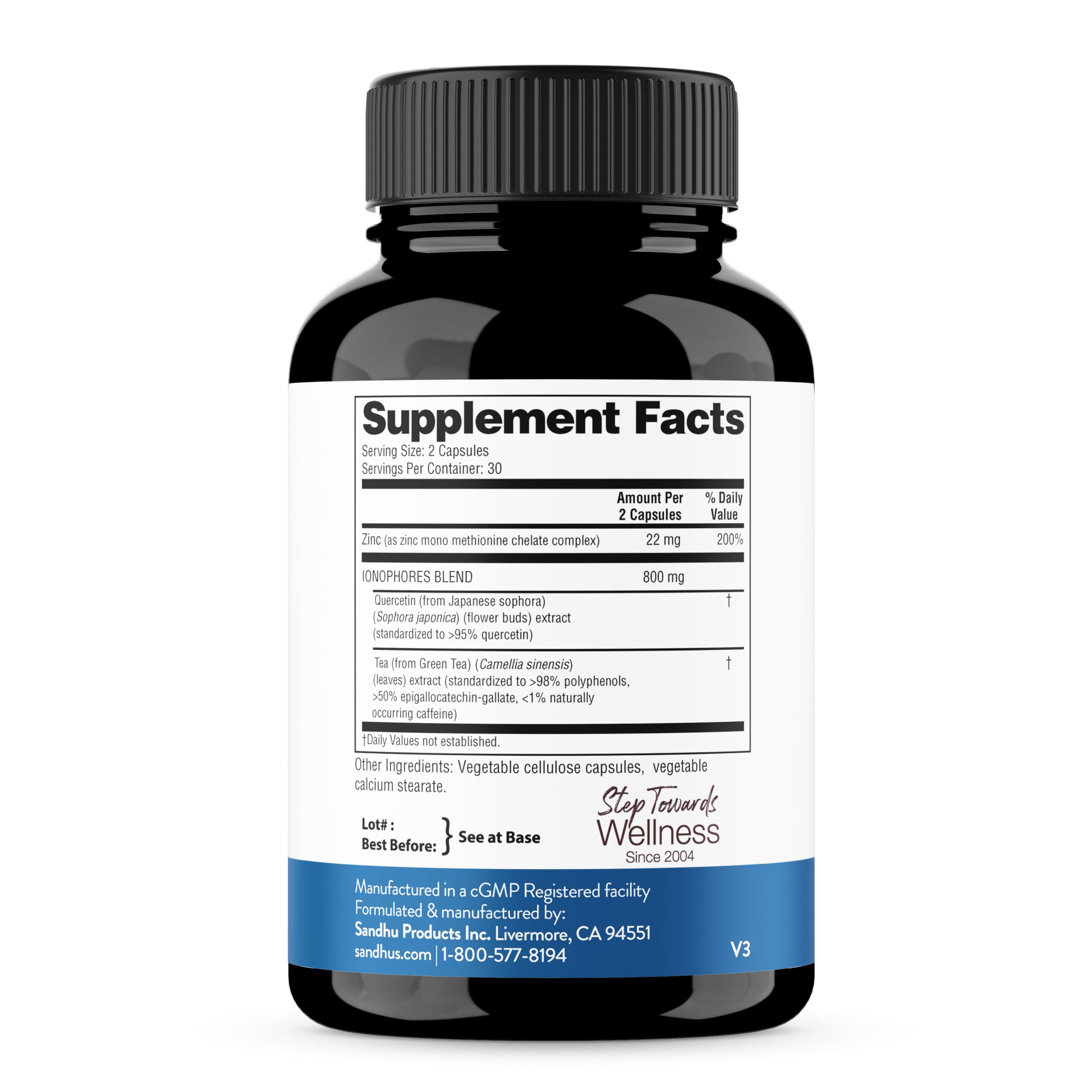Sandhu's BioZnq Zinc Supplement capsules on a wooden table