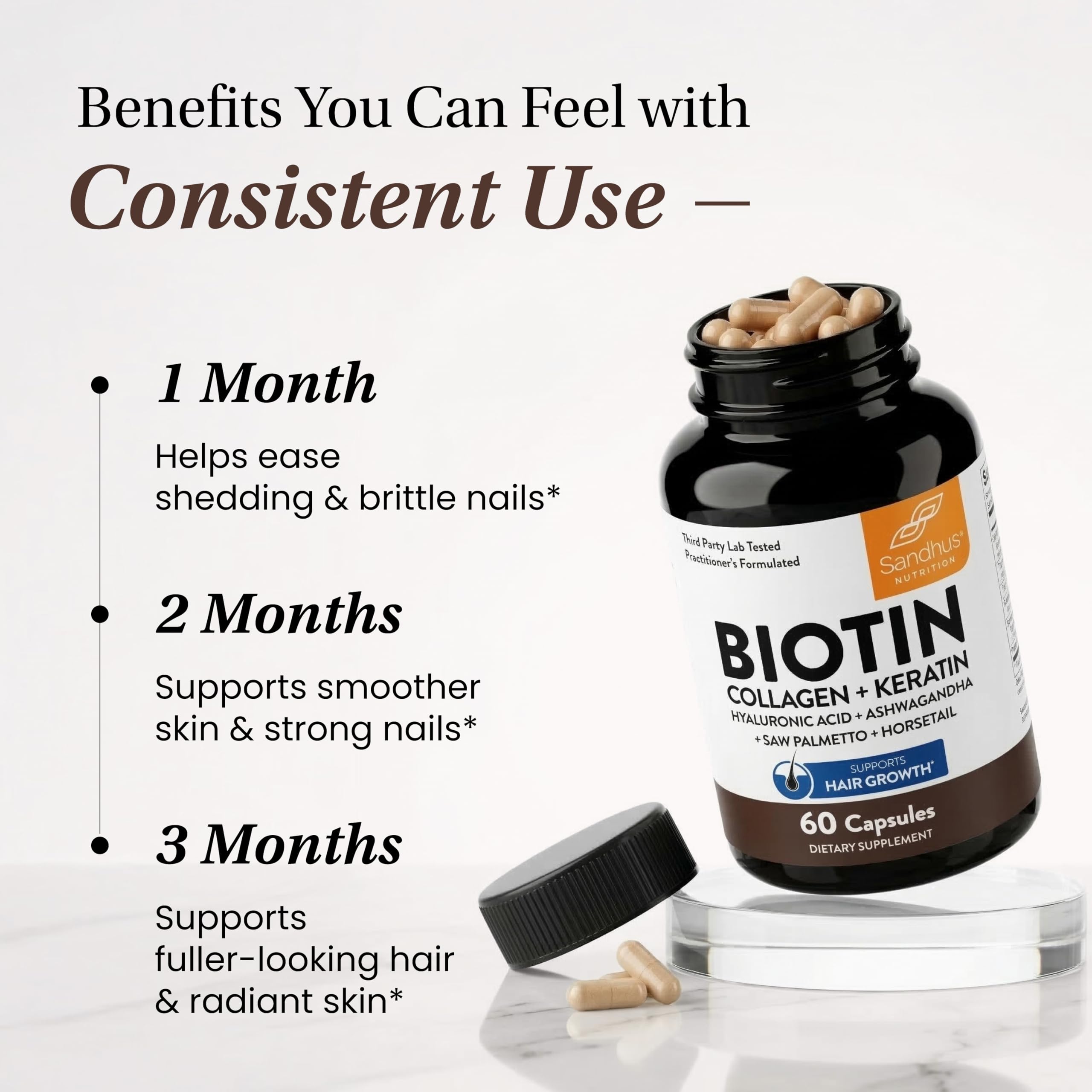 Sandhu's Collagen Biotin Keratin Capsules with measuring spoon