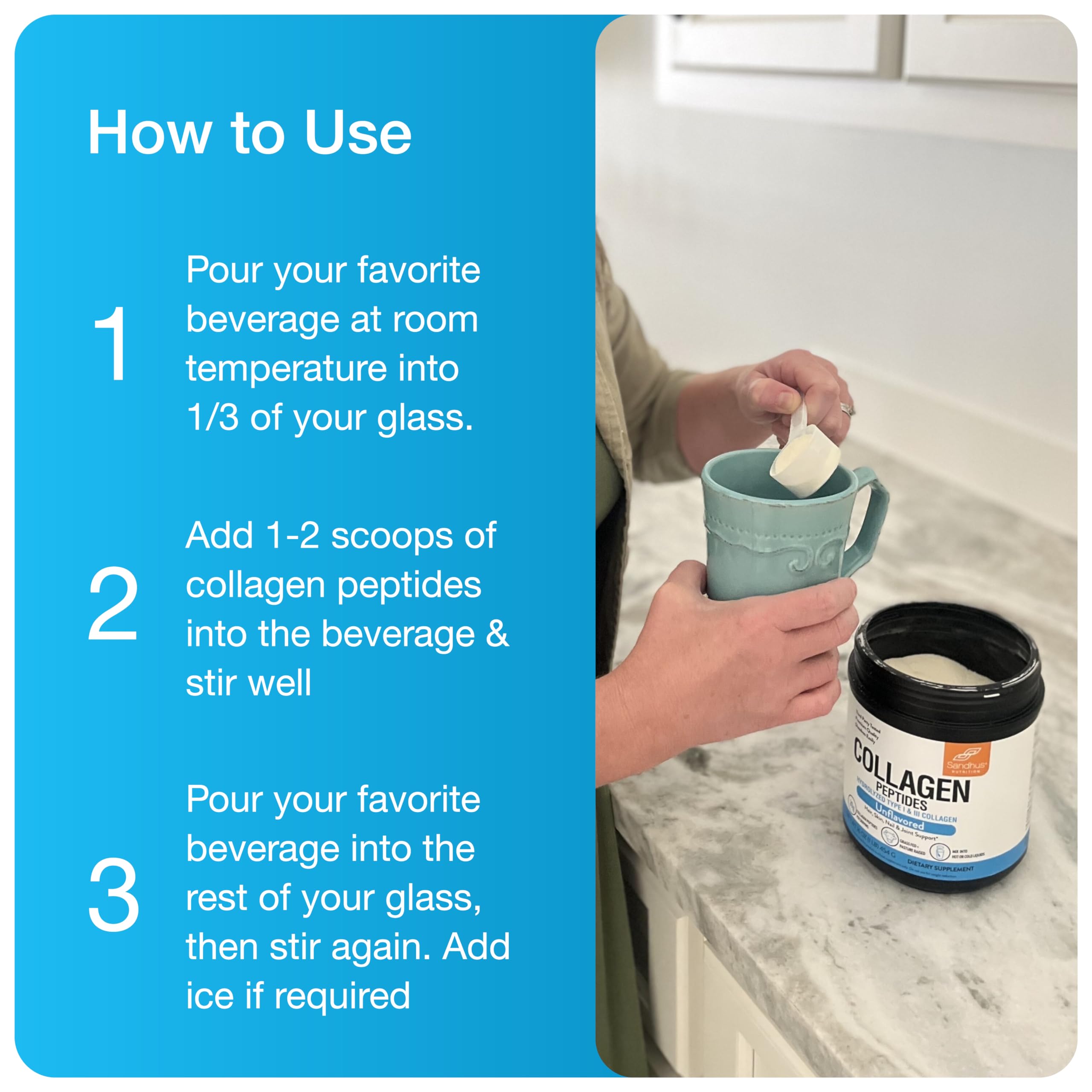 Sandhu's Collagen Peptides Powder on a kitchen counter