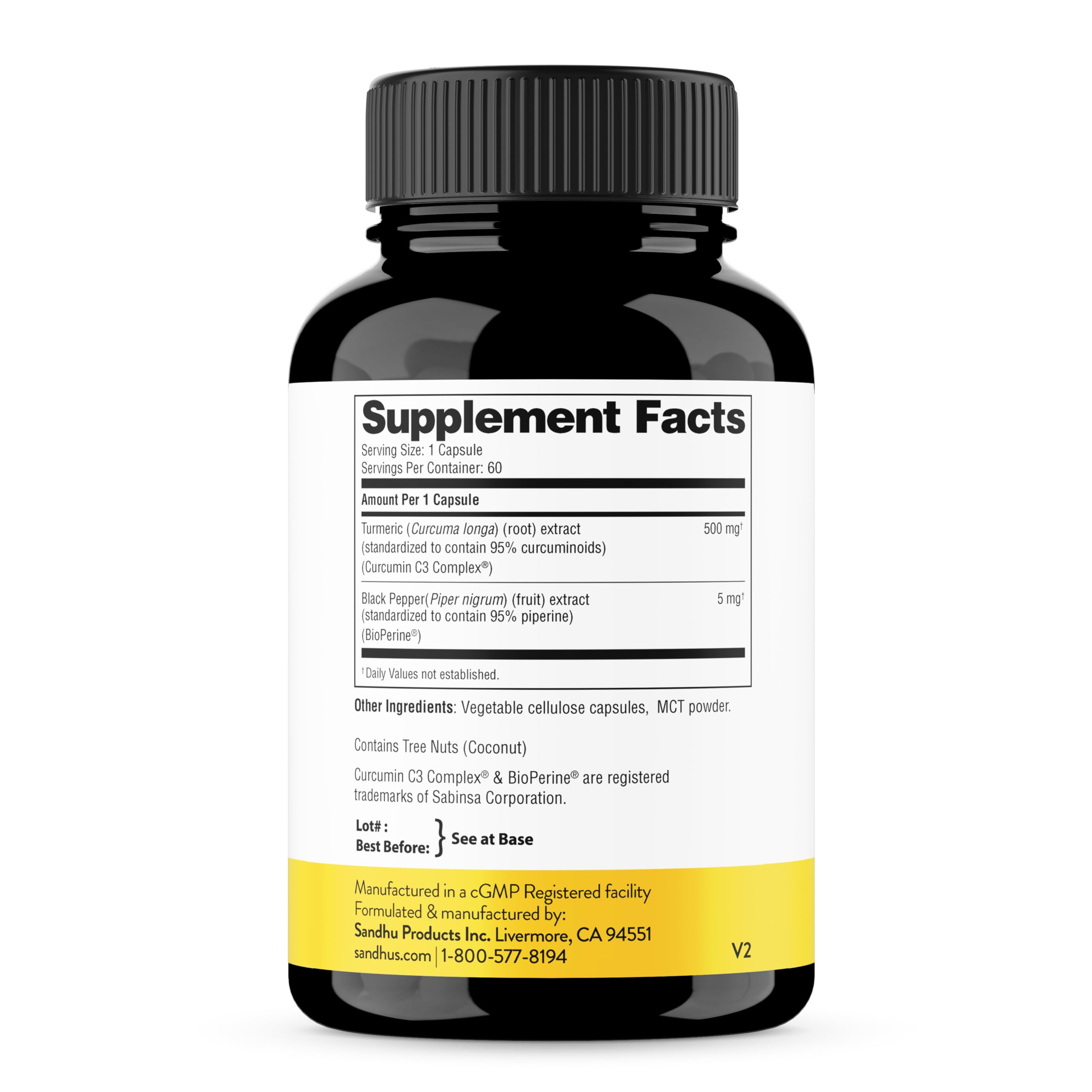 Sandhu's Curcumin C3 Complex 500mg supplement bottle side view