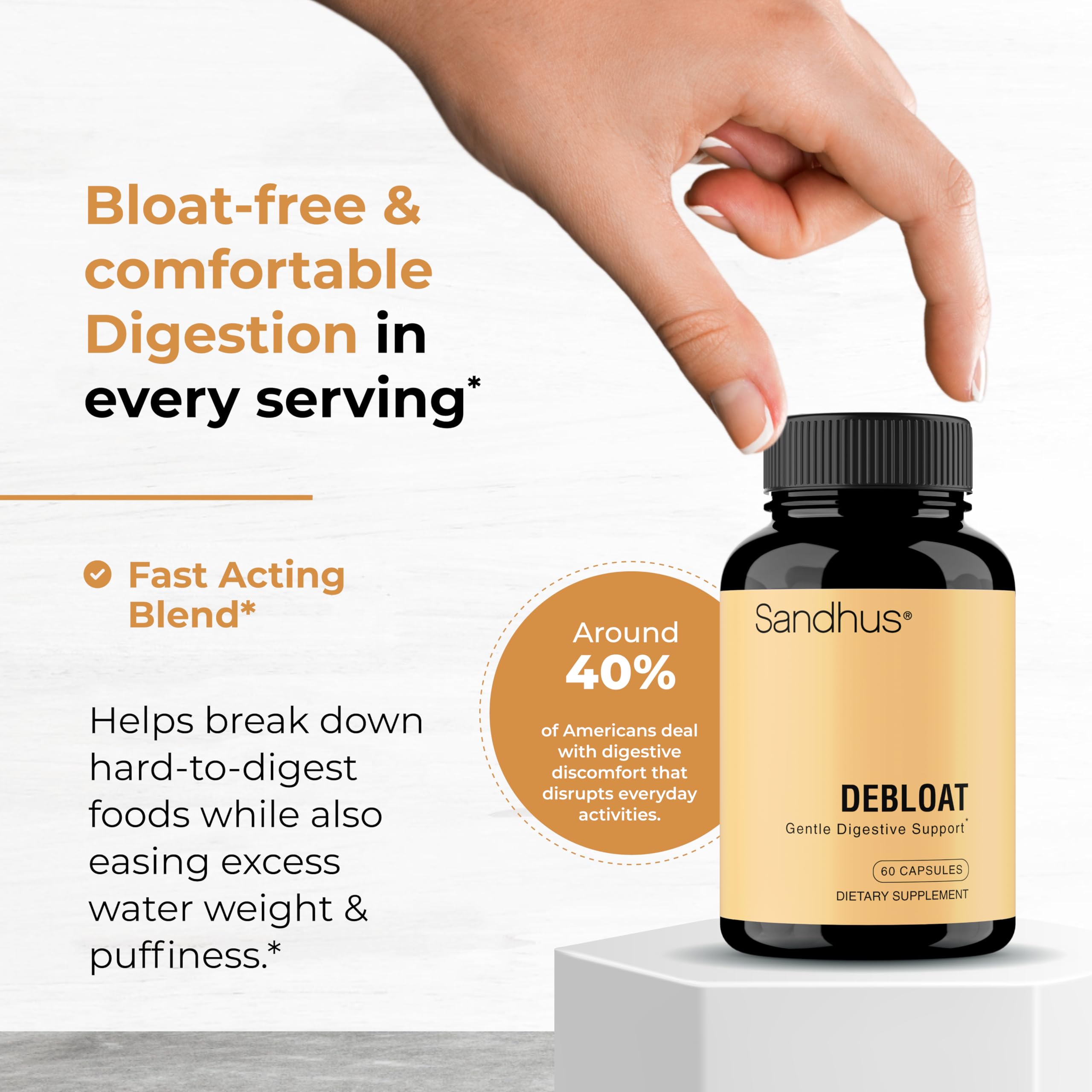 Sandhu's Debloat Herbal Supplement bottle with label
