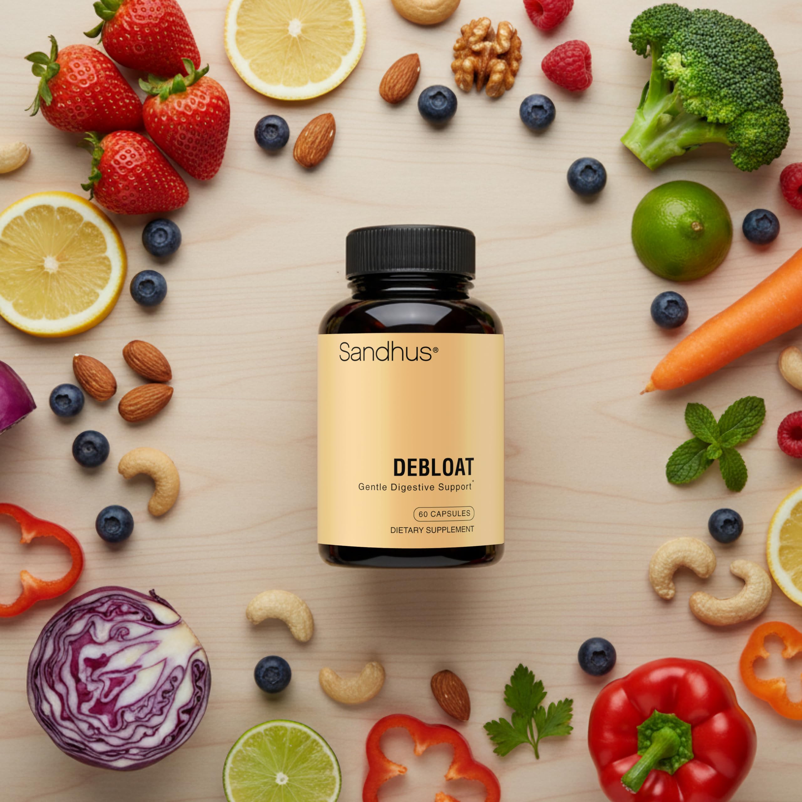 Sandhu's Debloat Herbal Supplement capsules close-up