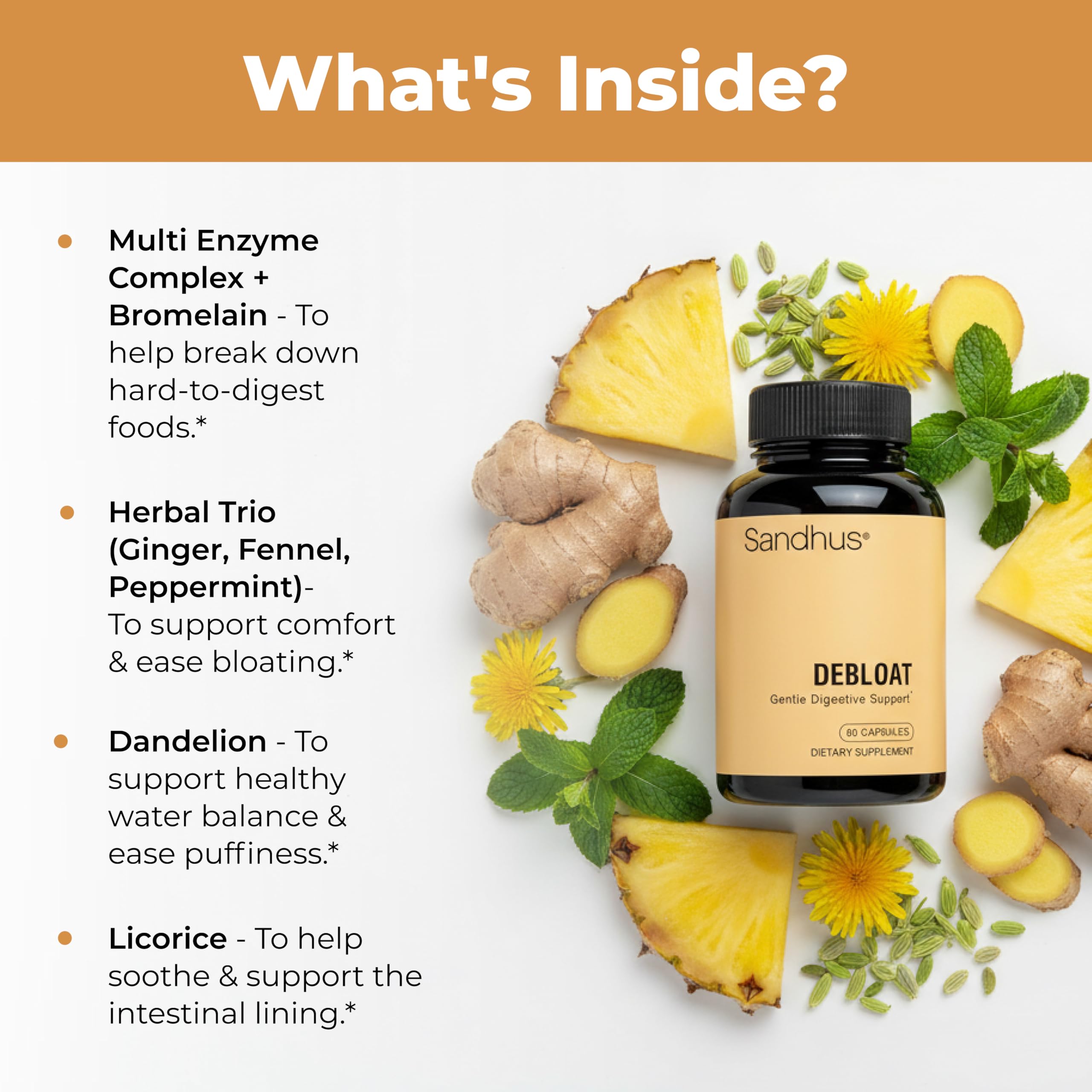 Sandhu's Debloat Herbal Supplement packaging side view