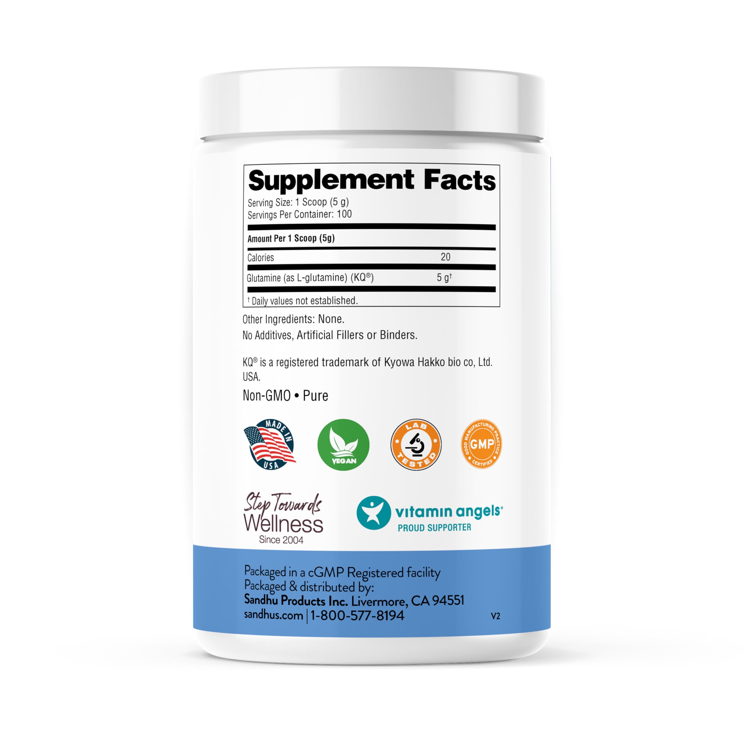 Sandhu's L-Glutamine Powder 499g back view with nutritional information