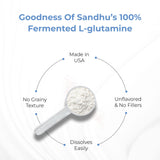 Sandhu's L-Glutamine Powder 499g with a measuring scoop