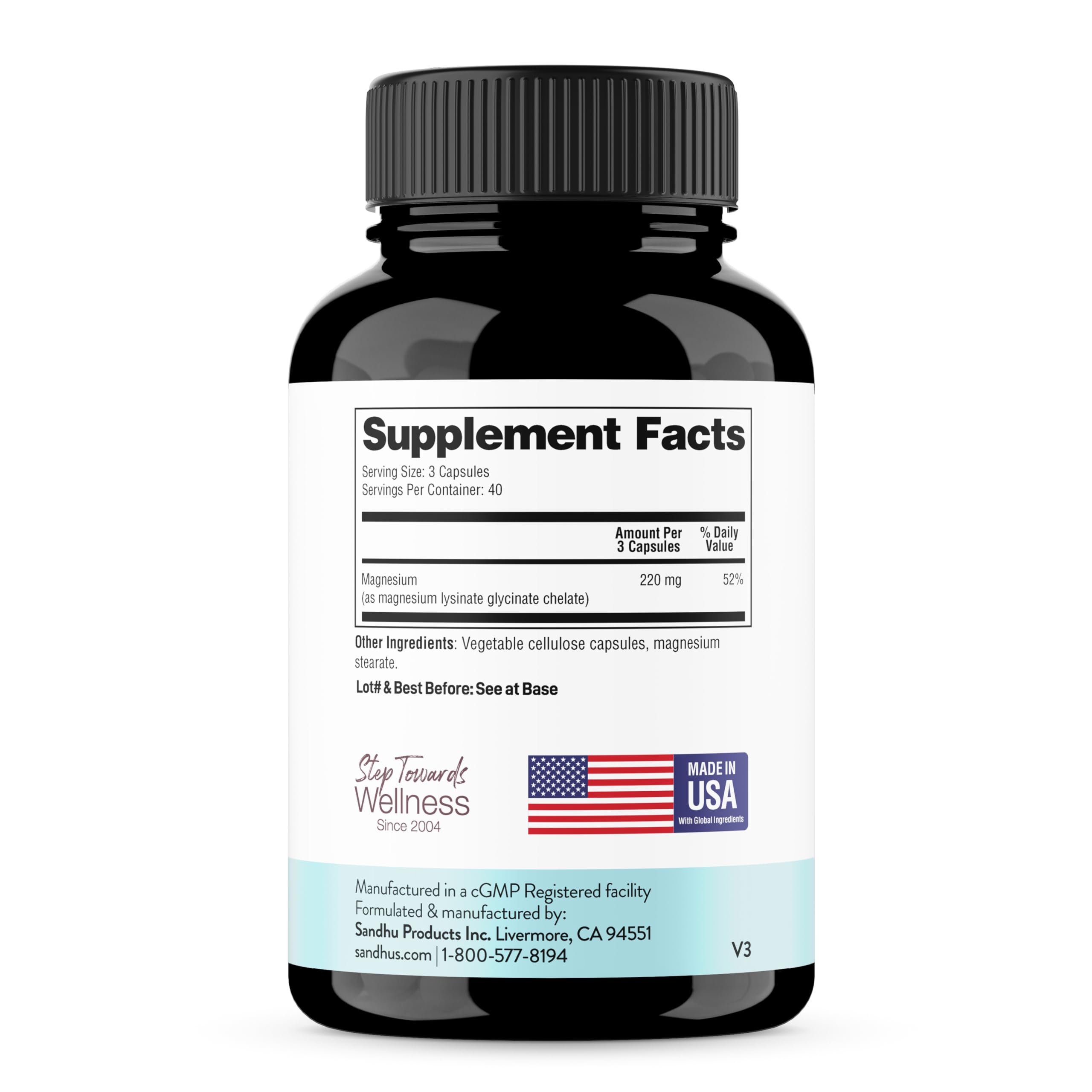 Sandhu's Magnesium Glycinate 220mg 120 Capsules side view