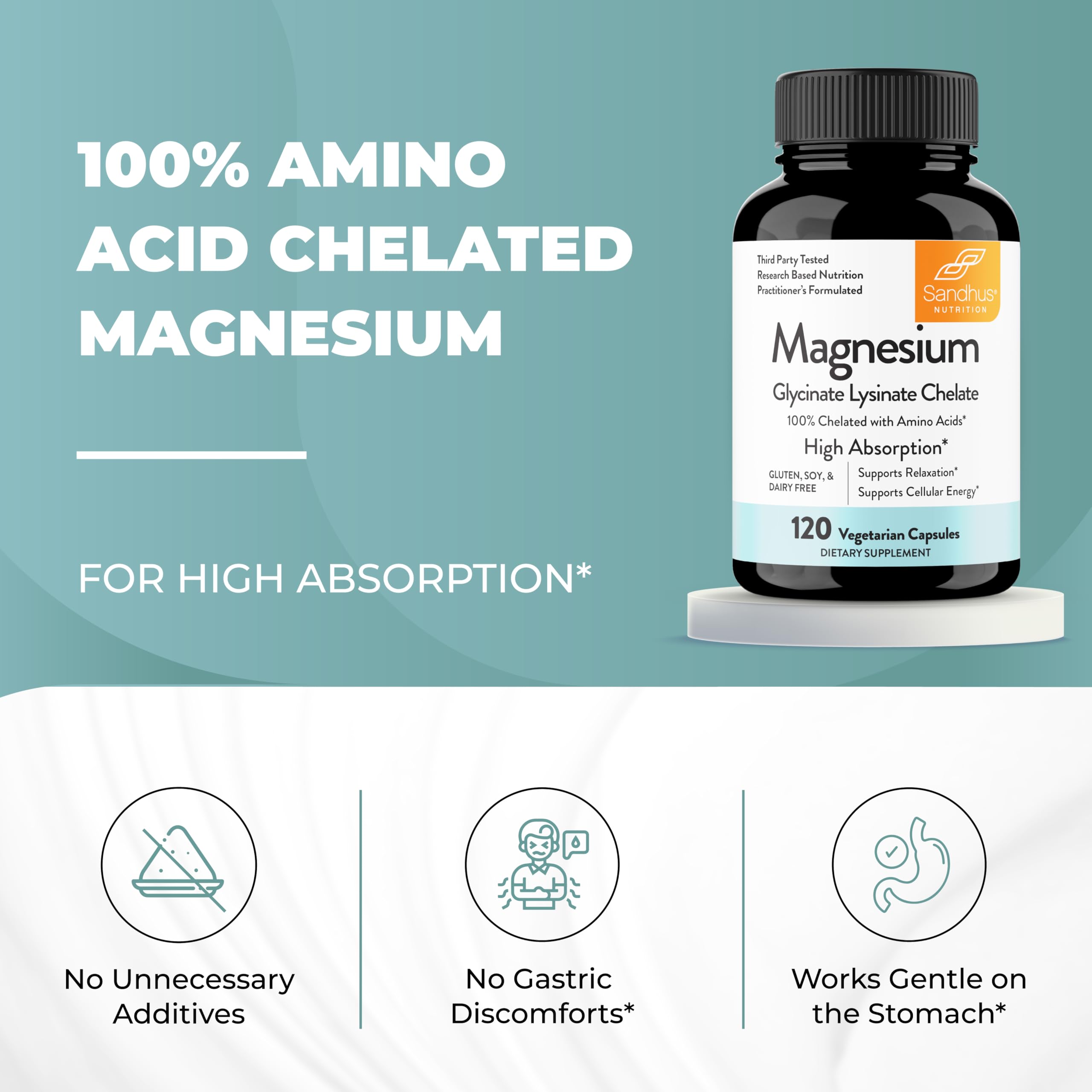 Sandhu's Magnesium Glycinate 220mg capsules displayed on a table