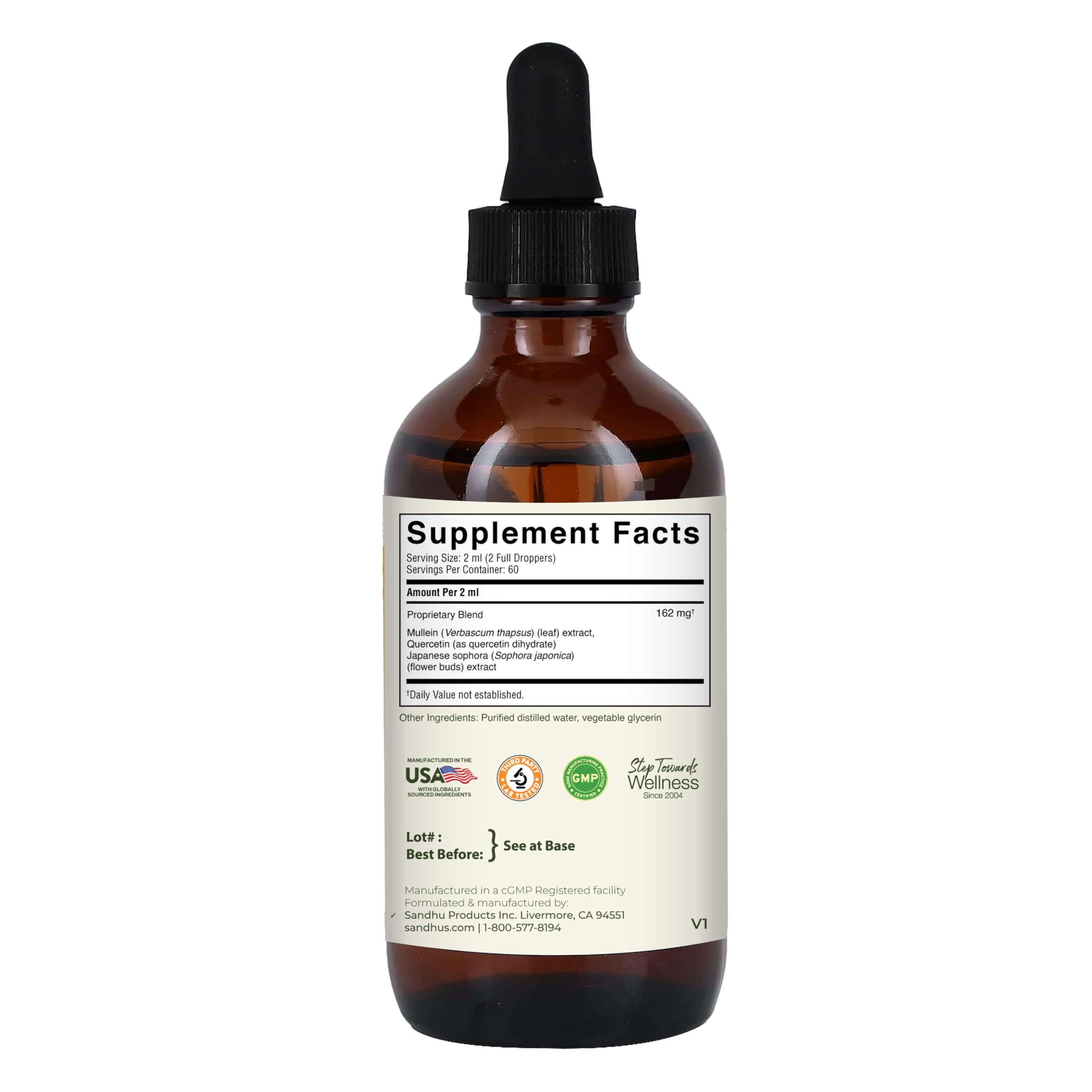 Sandhu's Mullein Herbal Supplement 4oz bottle on a table