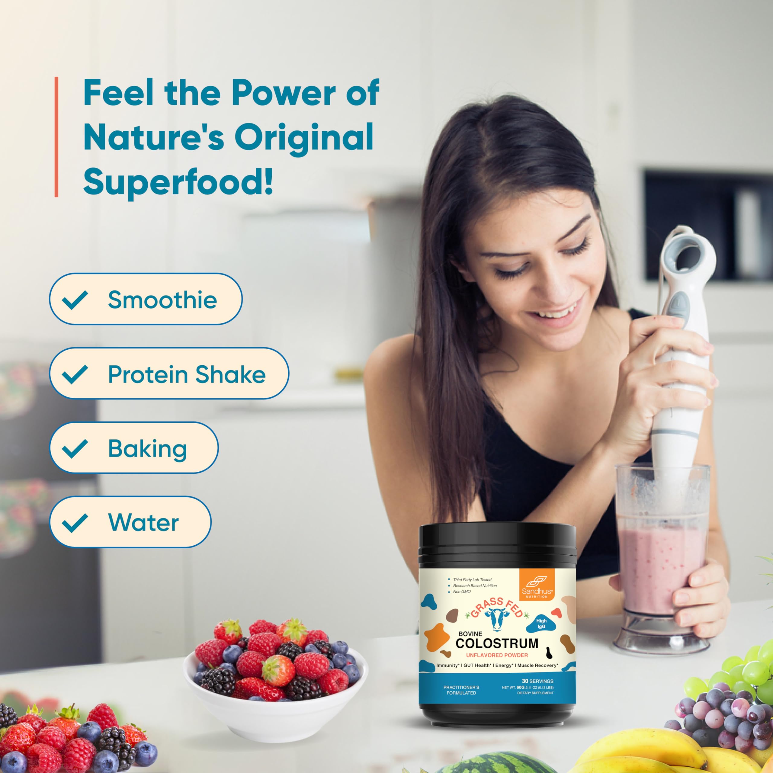 Sandhu's Pure Bovine Colostrum Powder mixed in a smoothie