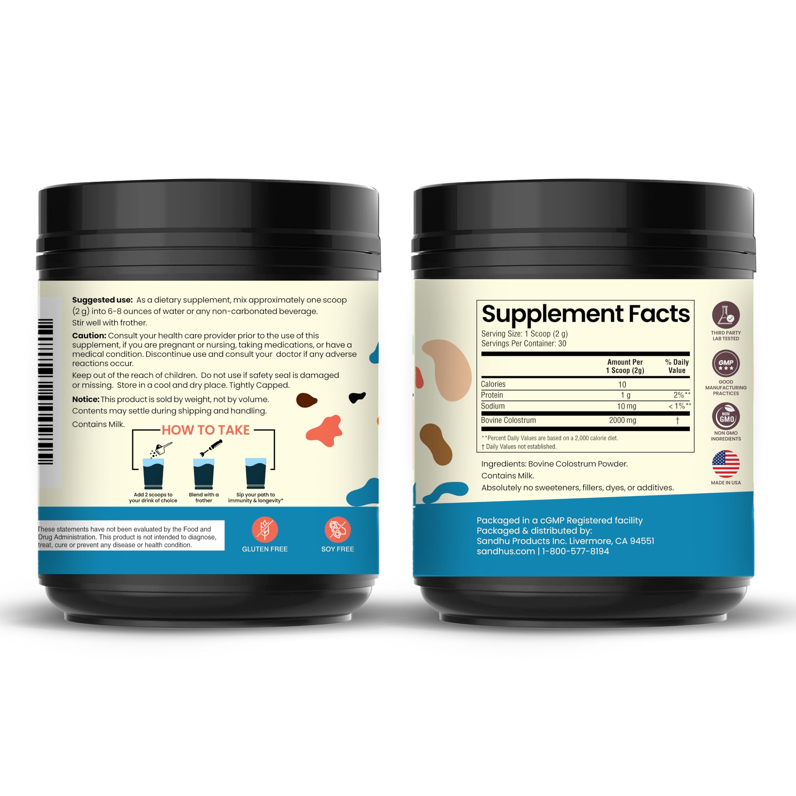 Sandhu's Pure Bovine Colostrum Powder scoop with powder