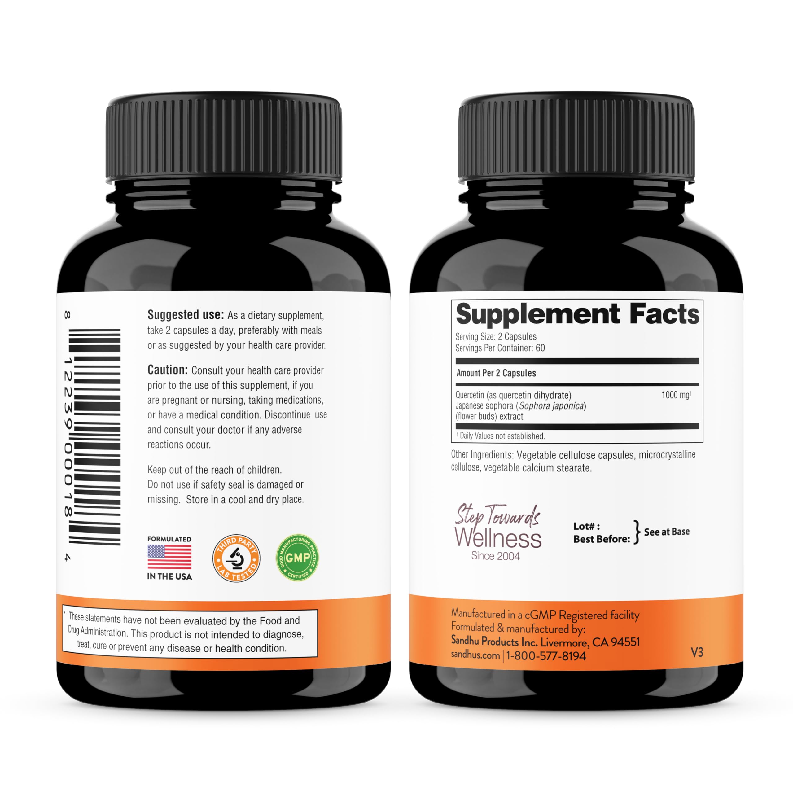 Sandhu's Quercetin Dihydrate 500mg Capsules bottle with a glass of water
