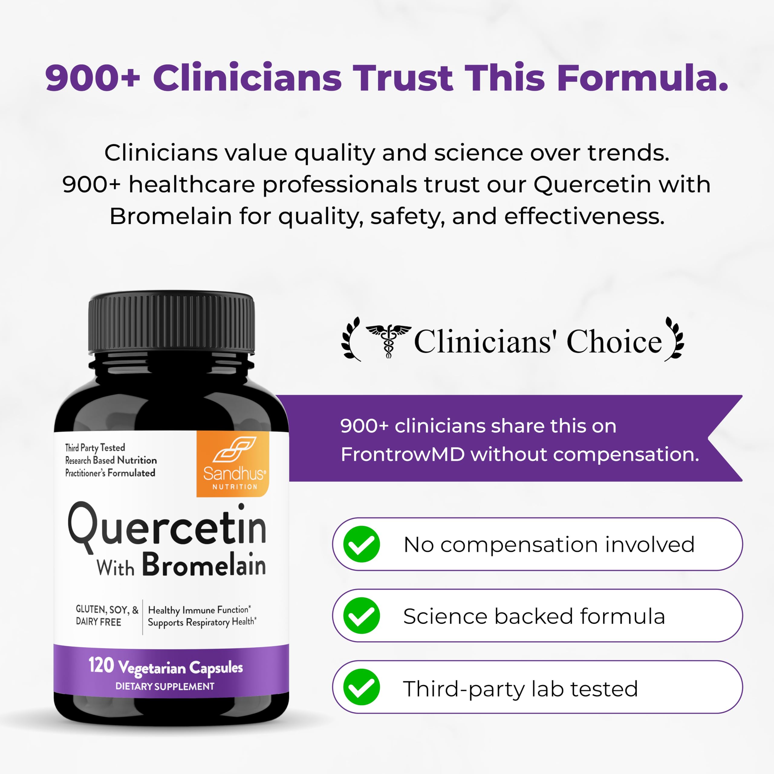 Sandhu's Quercetin Dihydrate 800mg supplement bottle with measuring spoon