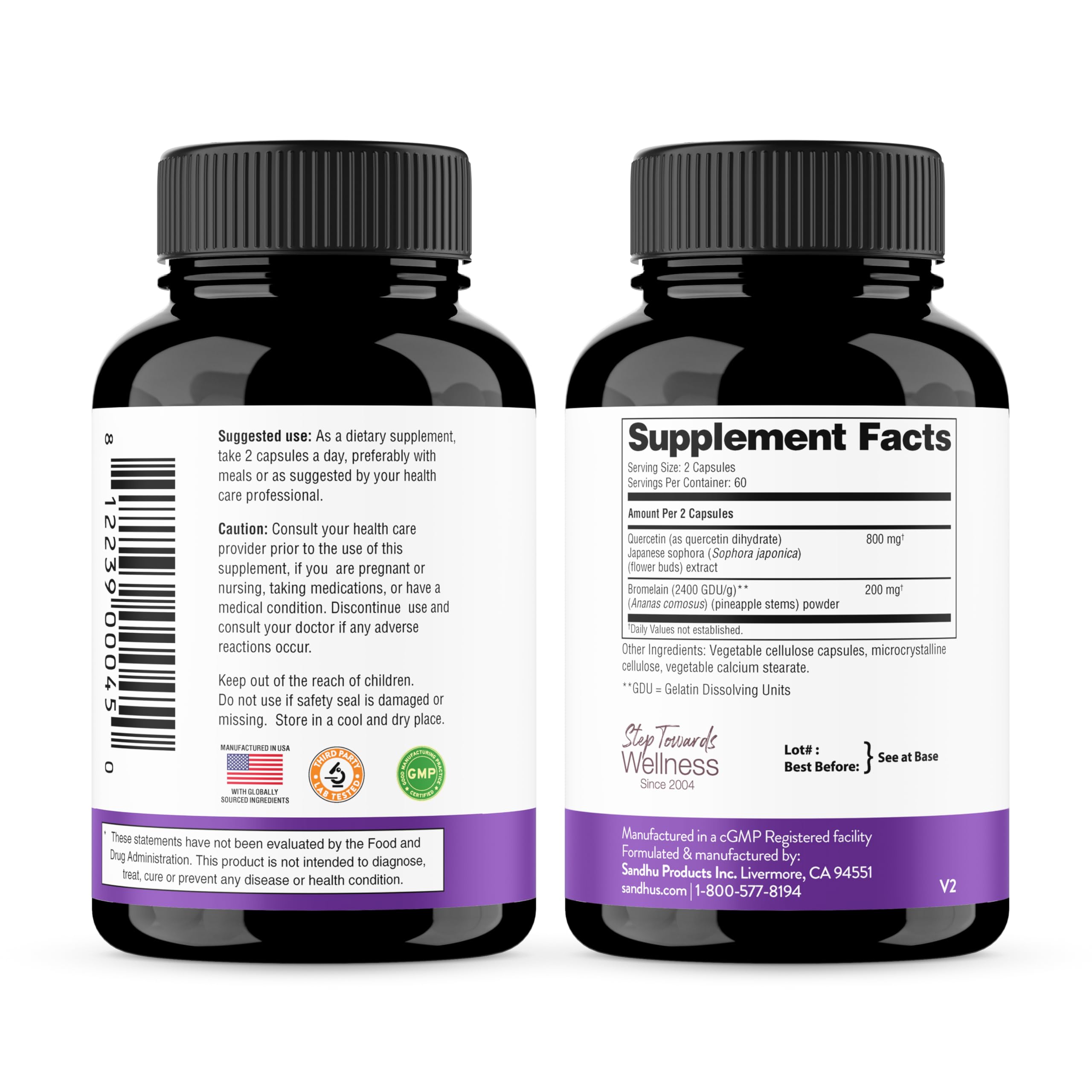 Sandhu's Quercetin Dihydrate 800mg supplement capsules in hand