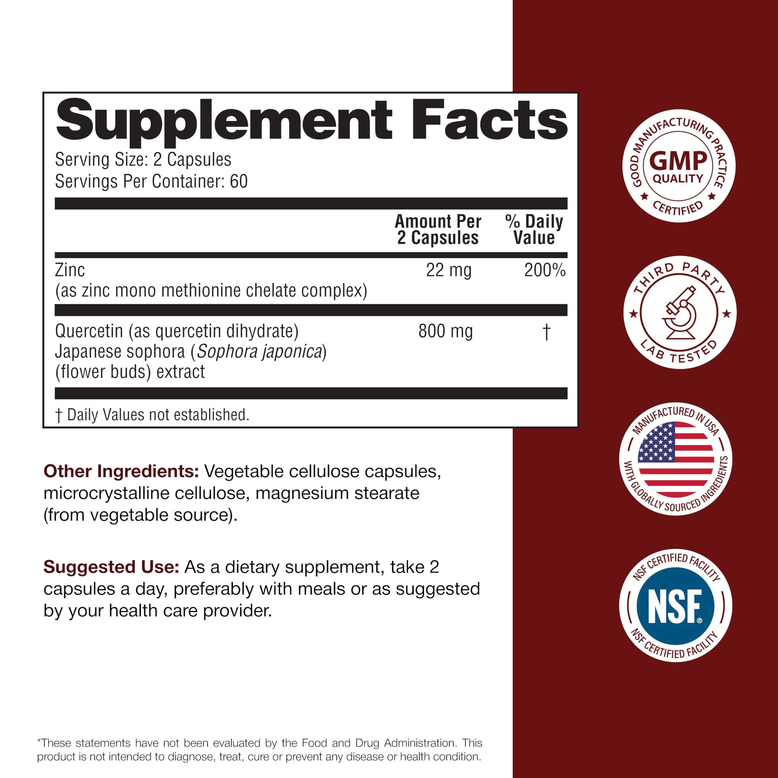 Sandhu's Quercetin Zinc Supplement 60 Capsules on a wooden table