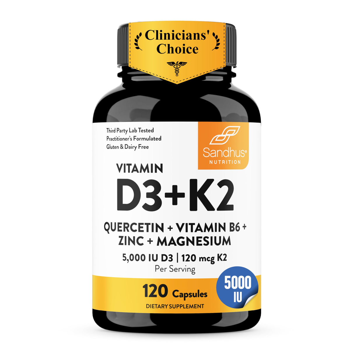 Sandhu's Vitamin D3 & K2 5000 IU supplement bottle front view