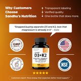 Sandhu's Vitamin D3 & K2 5000 IU supplement capsules with a glass of water