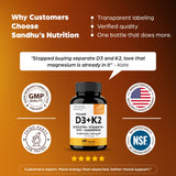 Sandhu's Vitamin D3 & K2 6-in-1 Daily Stack opened bottle with capsules