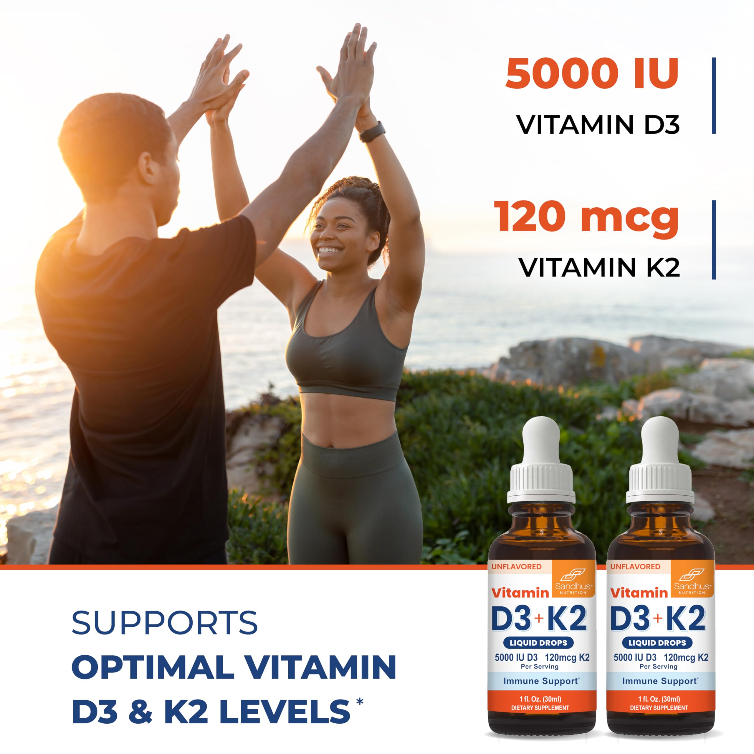 Sandhu's Vitamin D3 + K2 Liquid Drops 5000 IU bottle side view