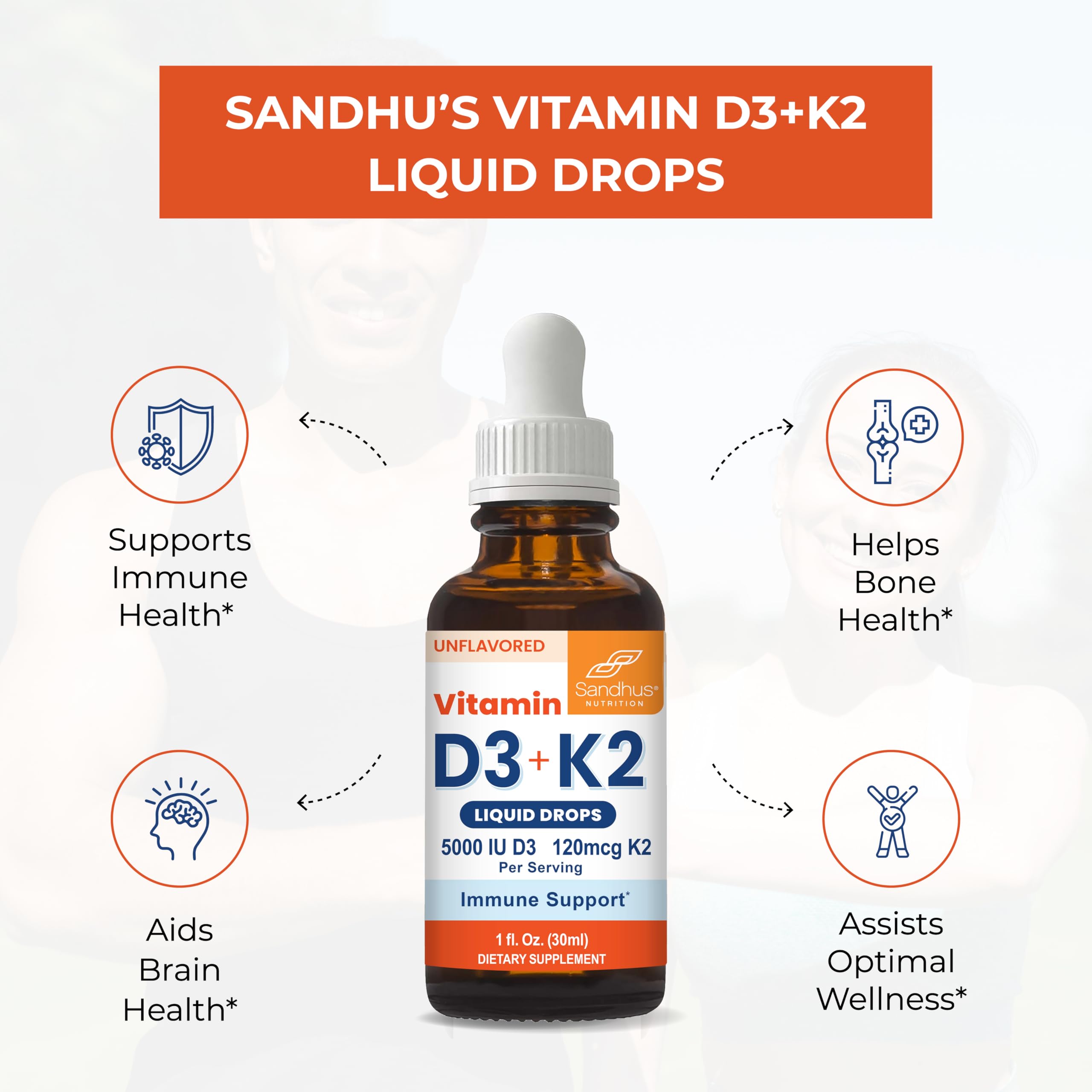 Sandhu's Vitamin D3 + K2 Liquid Drops 5000 IU with measuring dropper