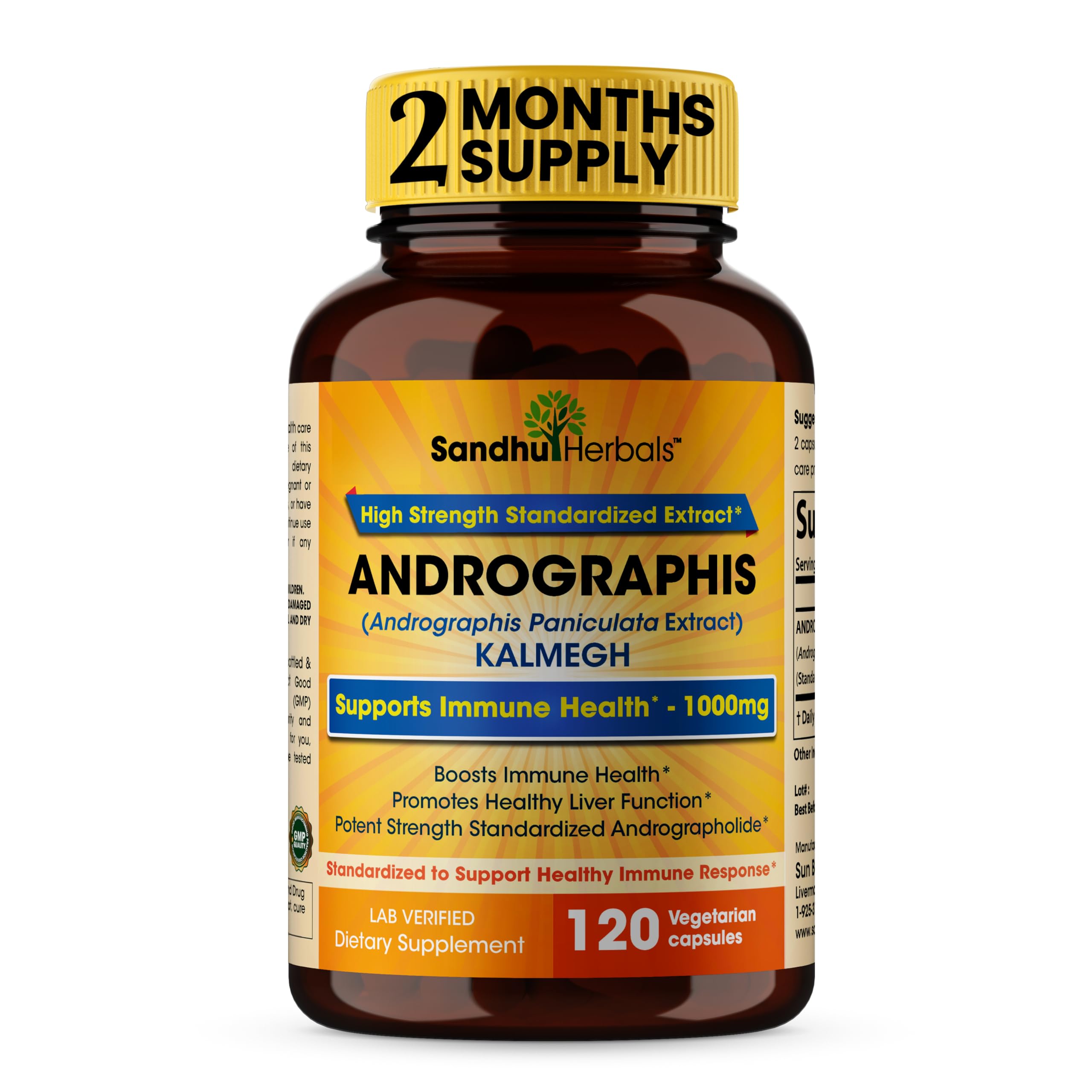 SANDHUHERBALS Andrographis Paniculata Kalmegh 1000mg capsules front view
