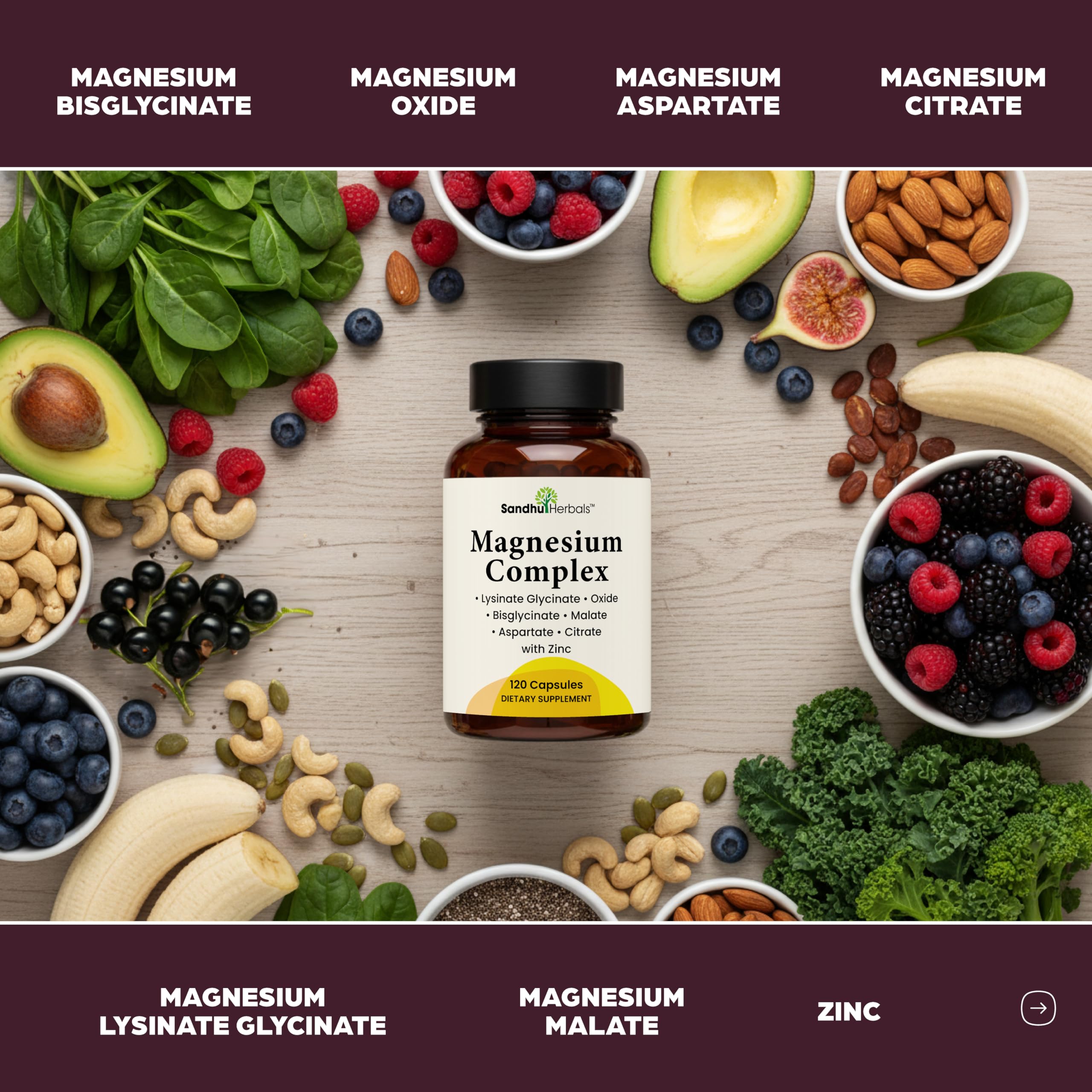 SANDHUHERBALS Magnesium Complex capsules on a table