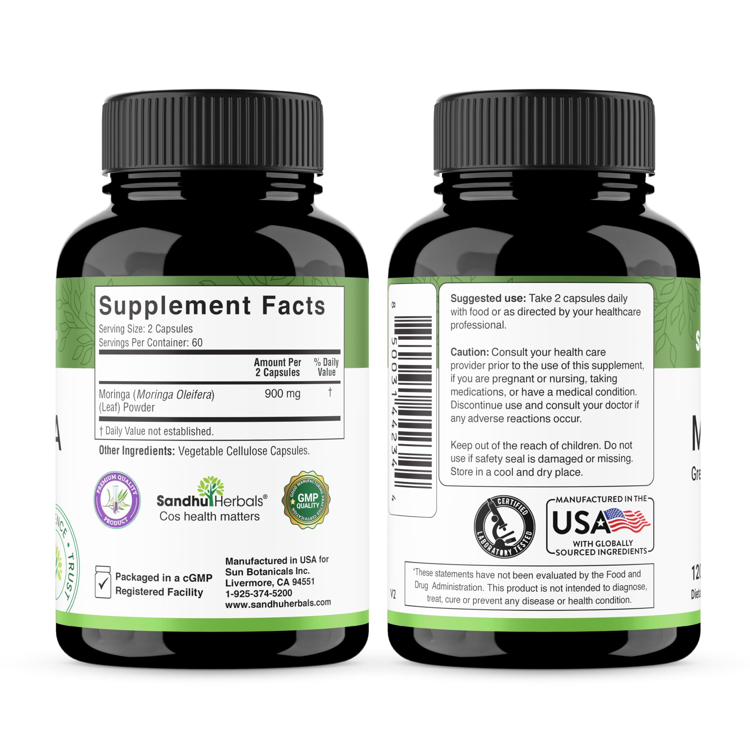 SANDHUHERBALS Moringa Capsules 900mg on a wooden table