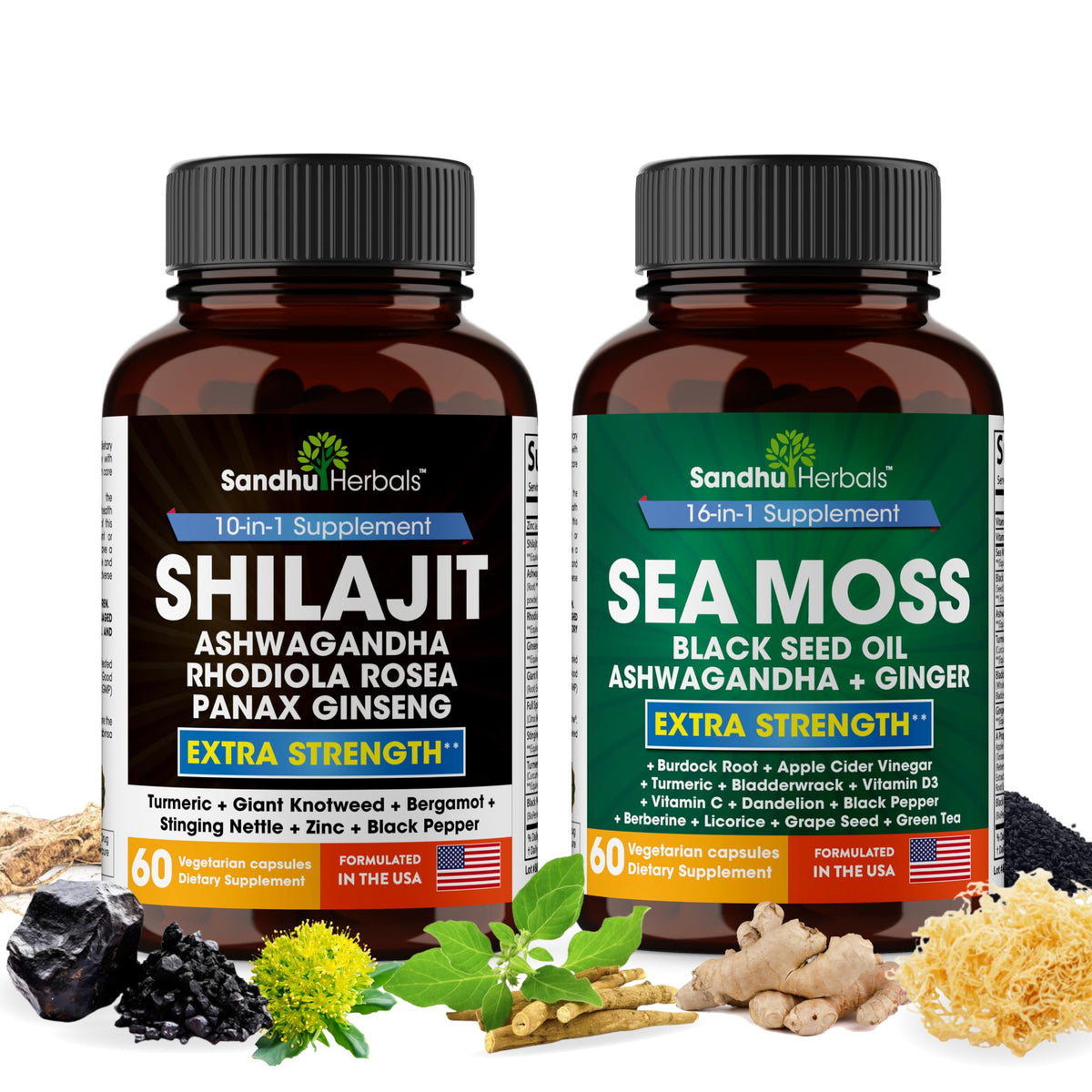 SANDHUHERBALS Sea Moss Shilajit Bundle front view with 60 capsules