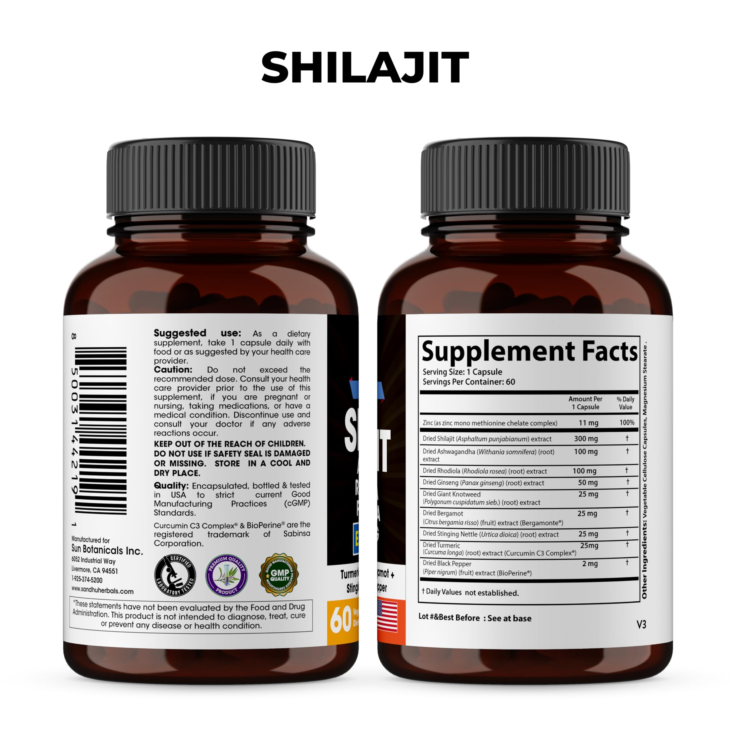 SANDHUHERBALS Shilajit capsules close-up with label