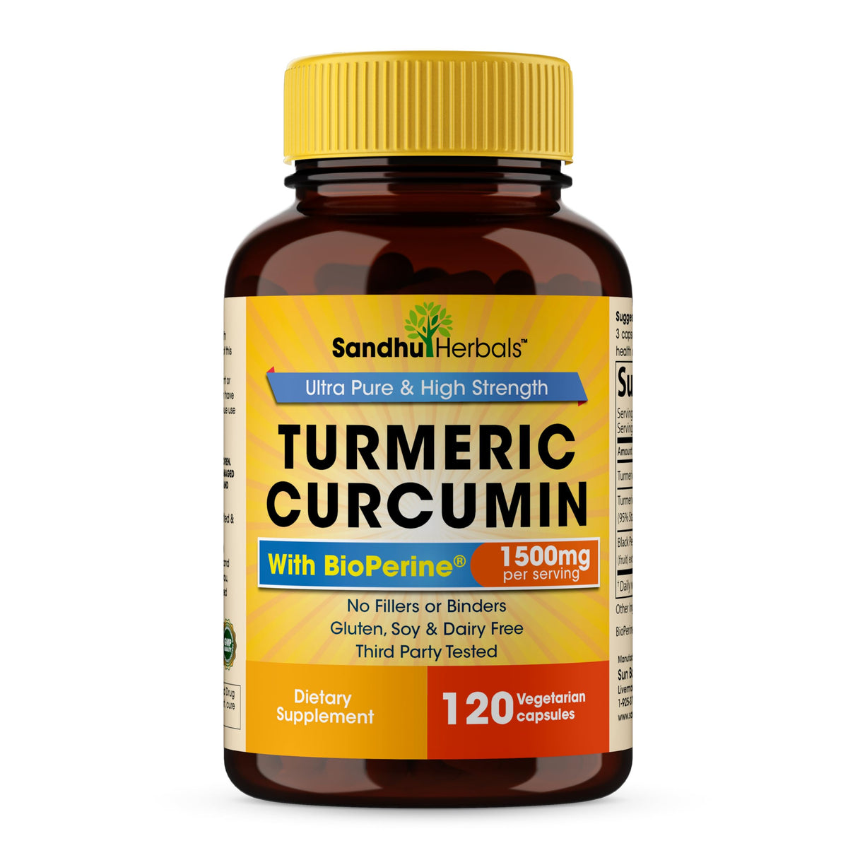SANDHUHERBALS Turmeric Curcumin Capsules 120 count front view
