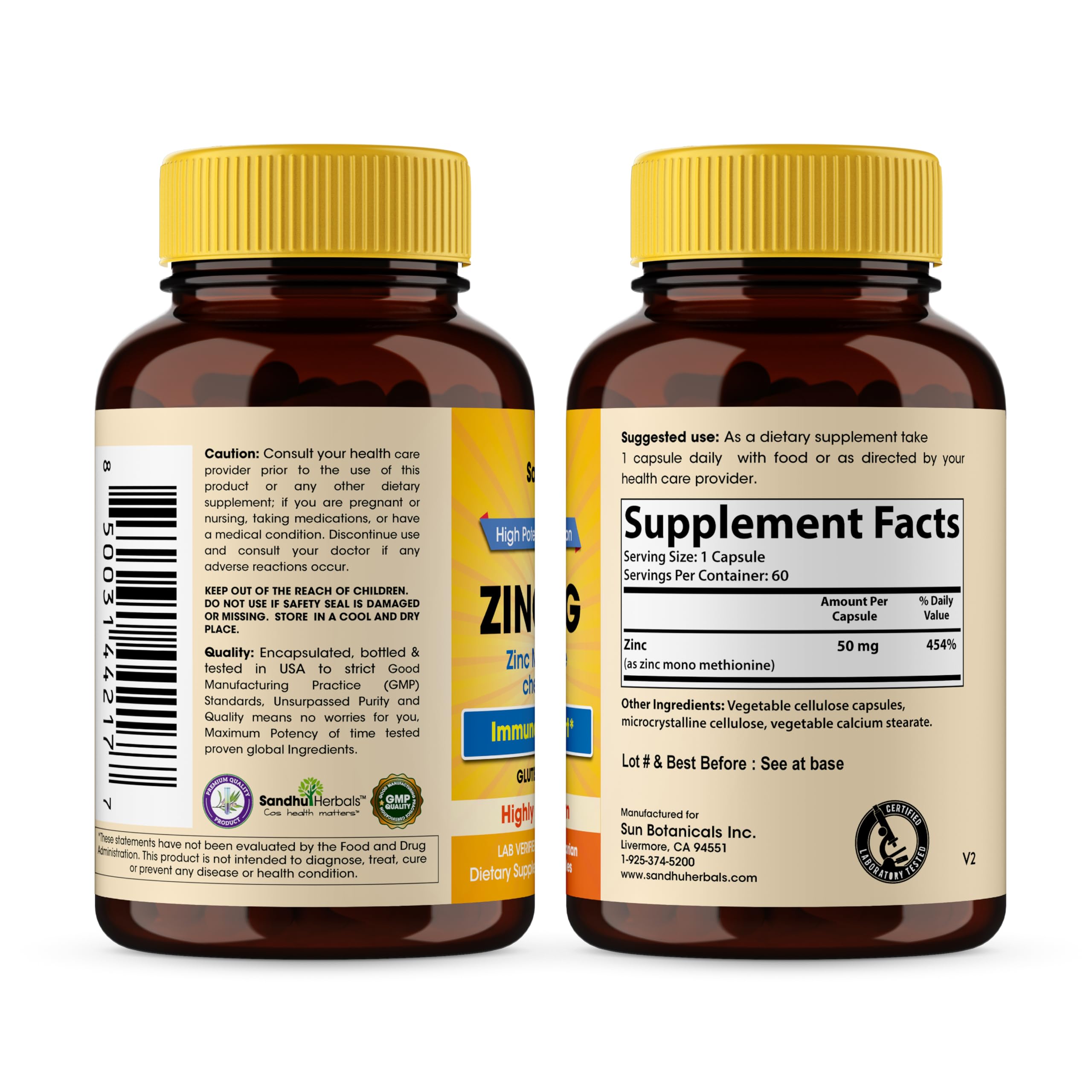 SANDHUHERBALS Zinc 50mg Capsules lifestyle scene with a glass of water