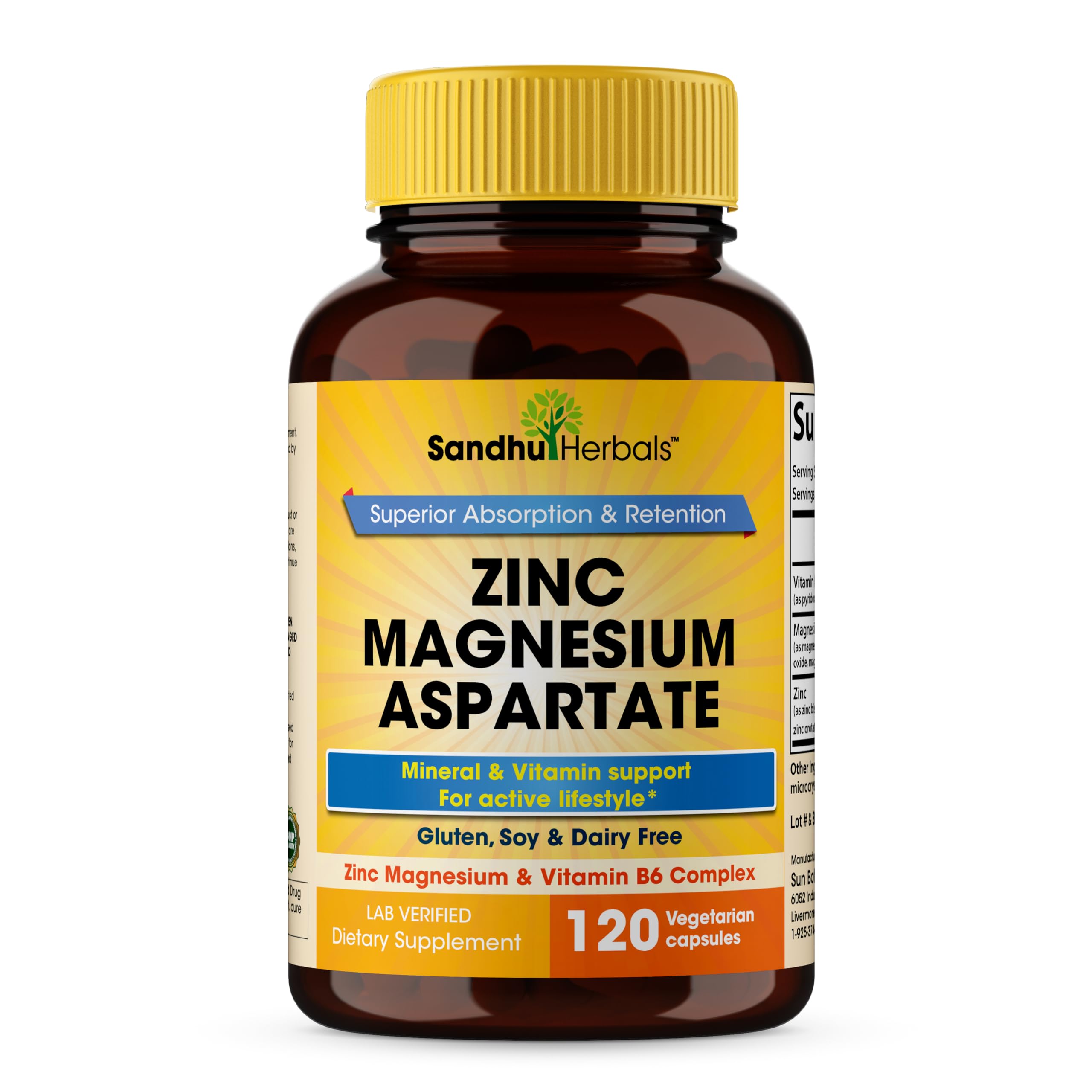 SANDHUHERBALS Zinc Magnesium Aspartate 120 capsules front view
