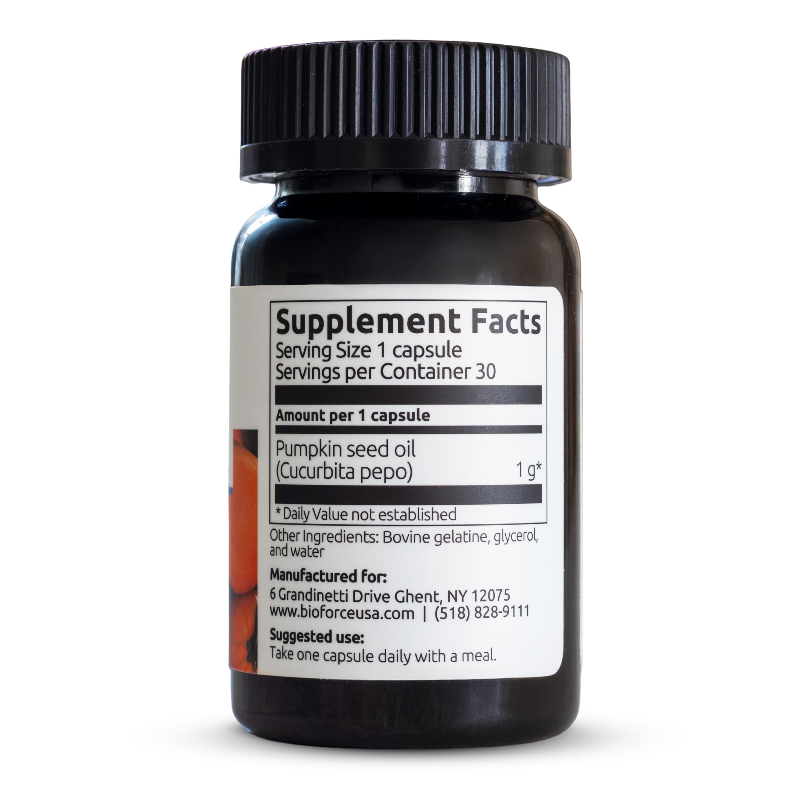 Sanhelios Curbita Pumpkin Seed Oil capsules with a measuring spoon