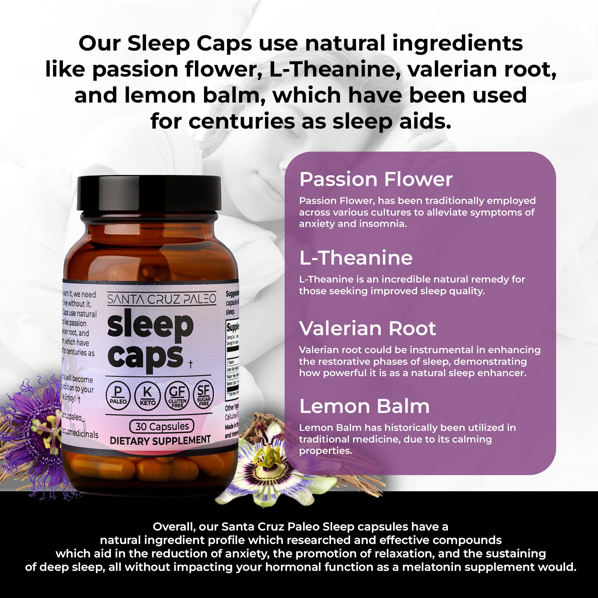 Santa Cruz Paleo Sleep Caps capsules on a wooden surface