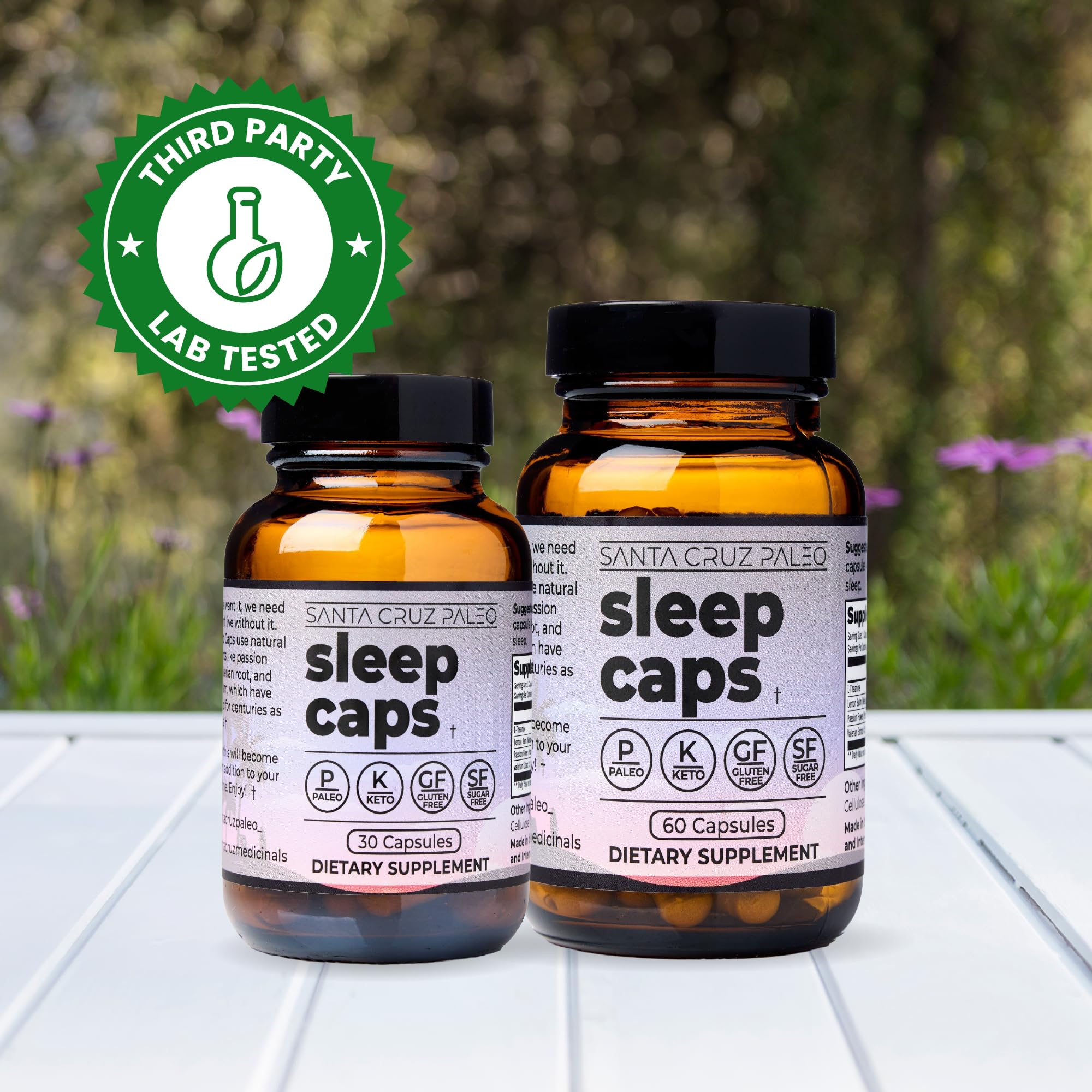 Santa Cruz Paleo Sleep Caps packaging on a wooden surface