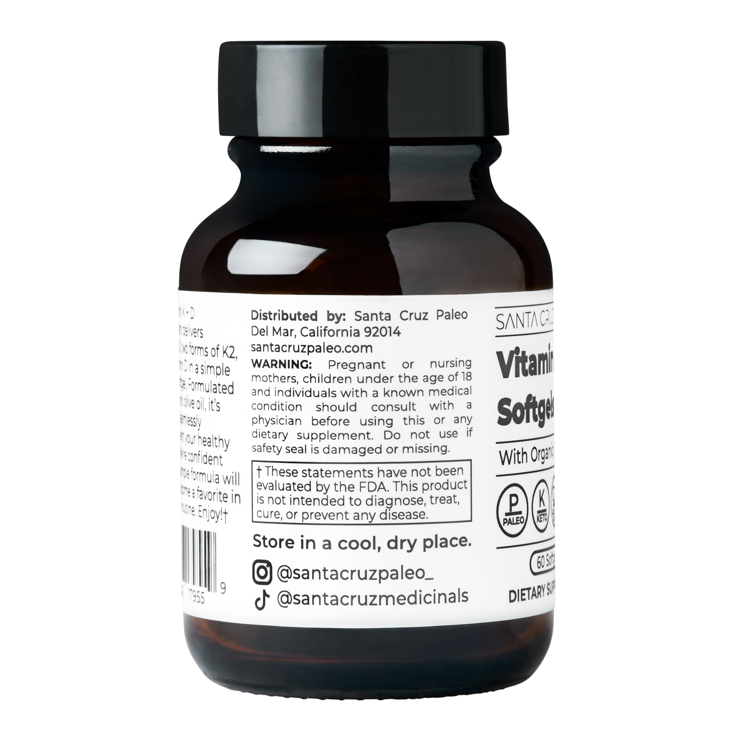 Santa Cruz Paleo Vitamin K + D Softgels back view with nutritional information