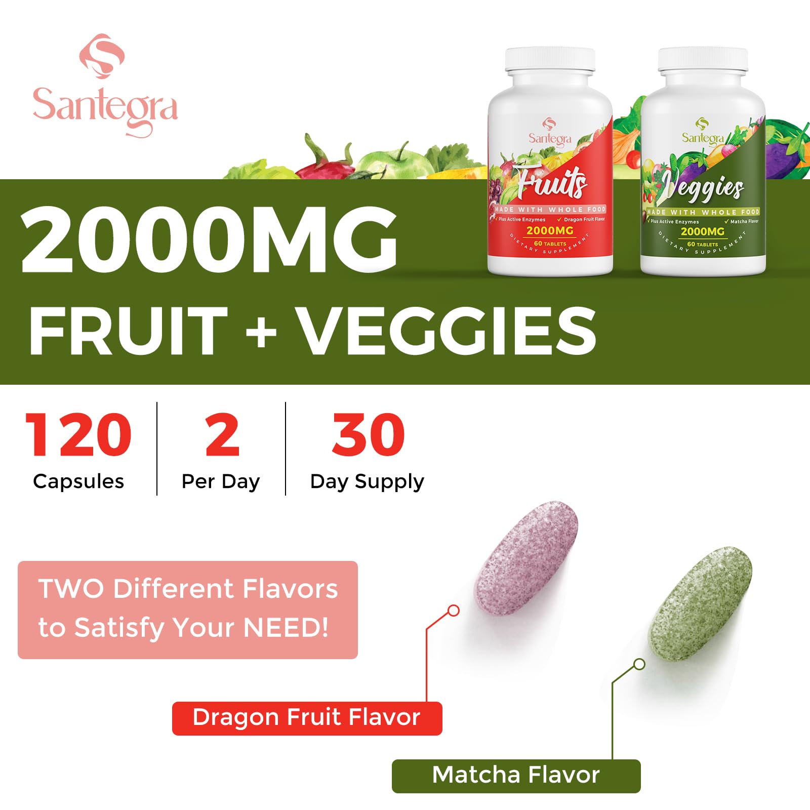 Santegra Fruit & Veggie Supplement tablets on a wooden surface