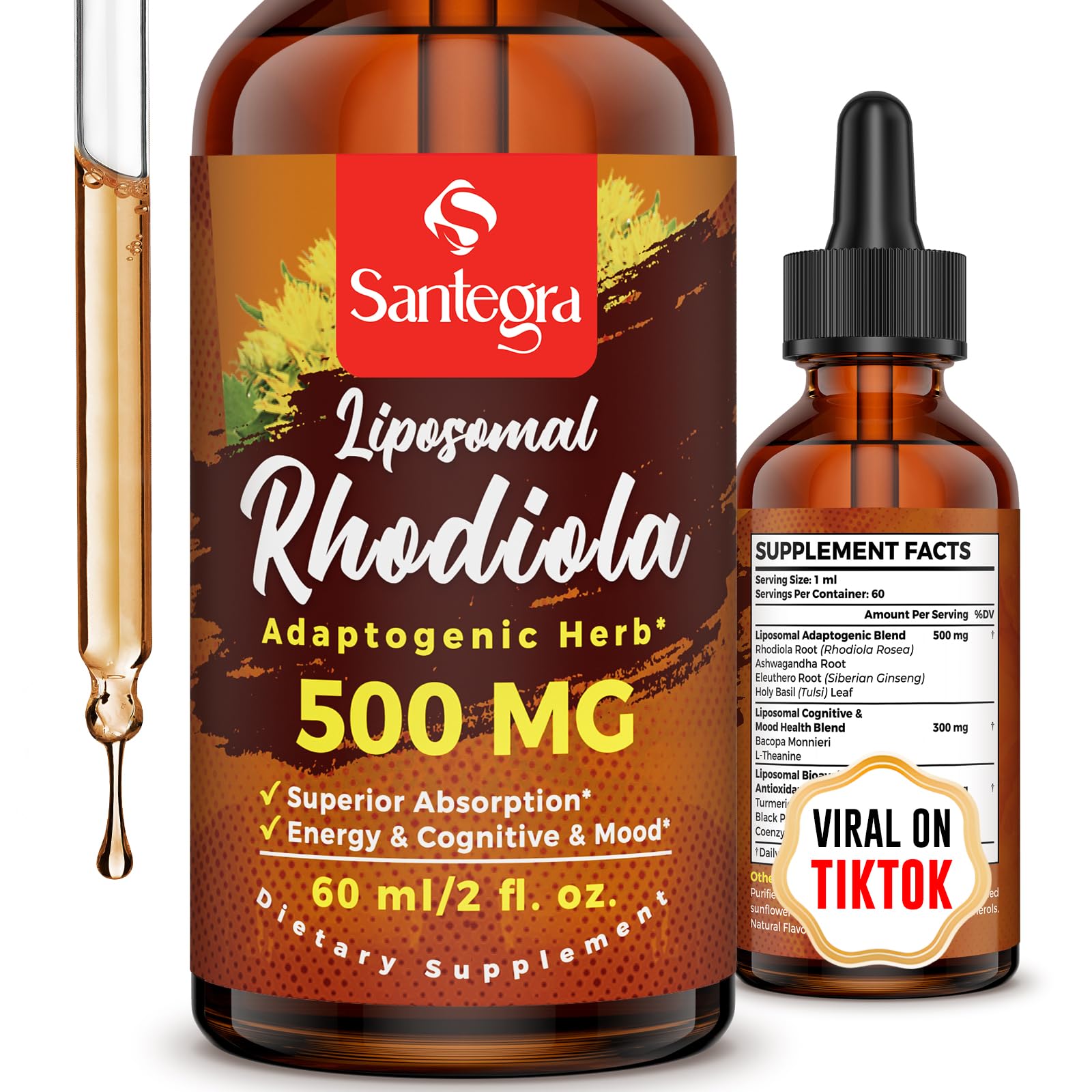 Santegra Rhodiola Rosea Liquid Supplement 500mg front view