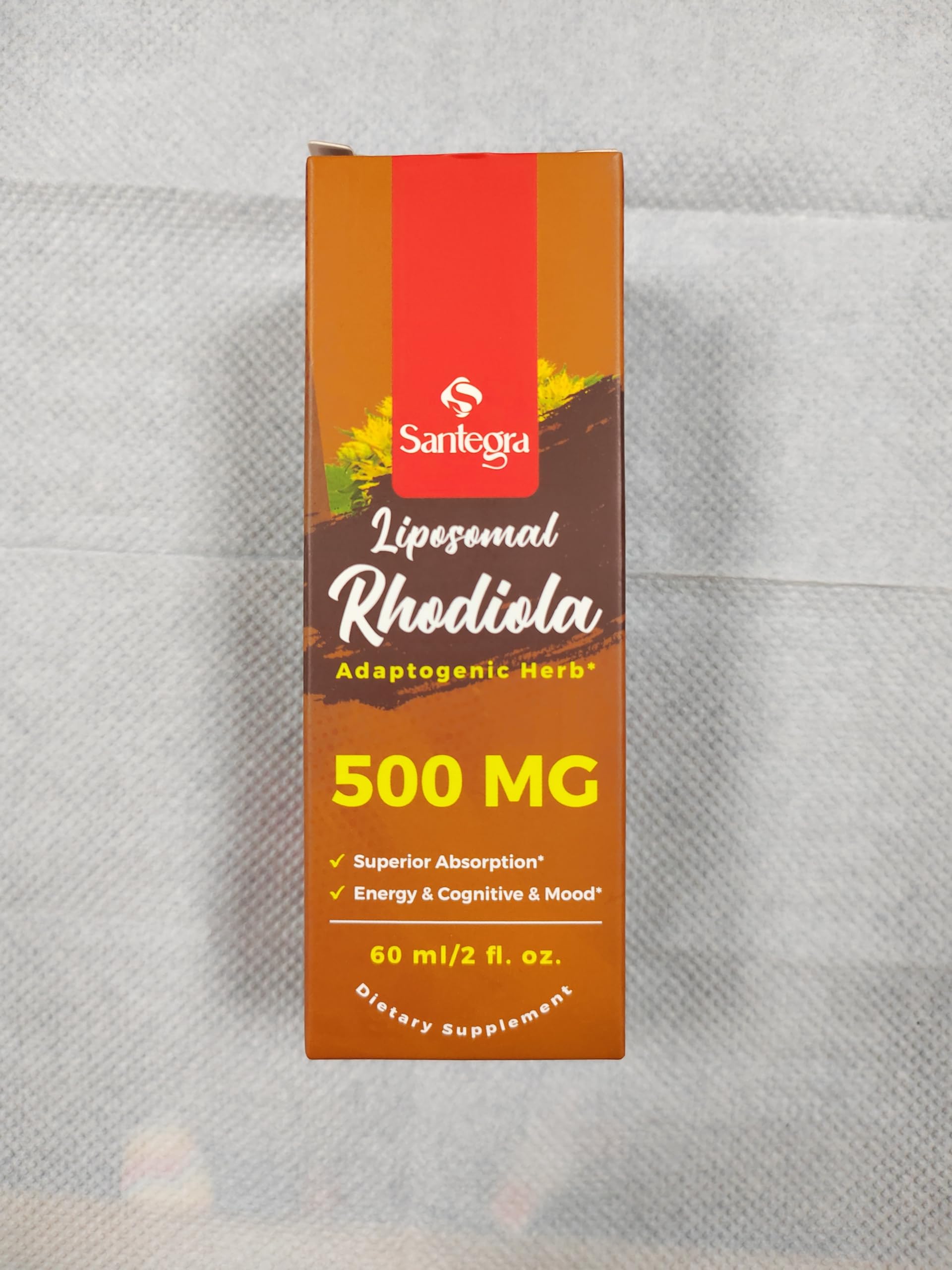 Santegra Rhodiola Rosea Liquid Supplement 500mg on a wooden table