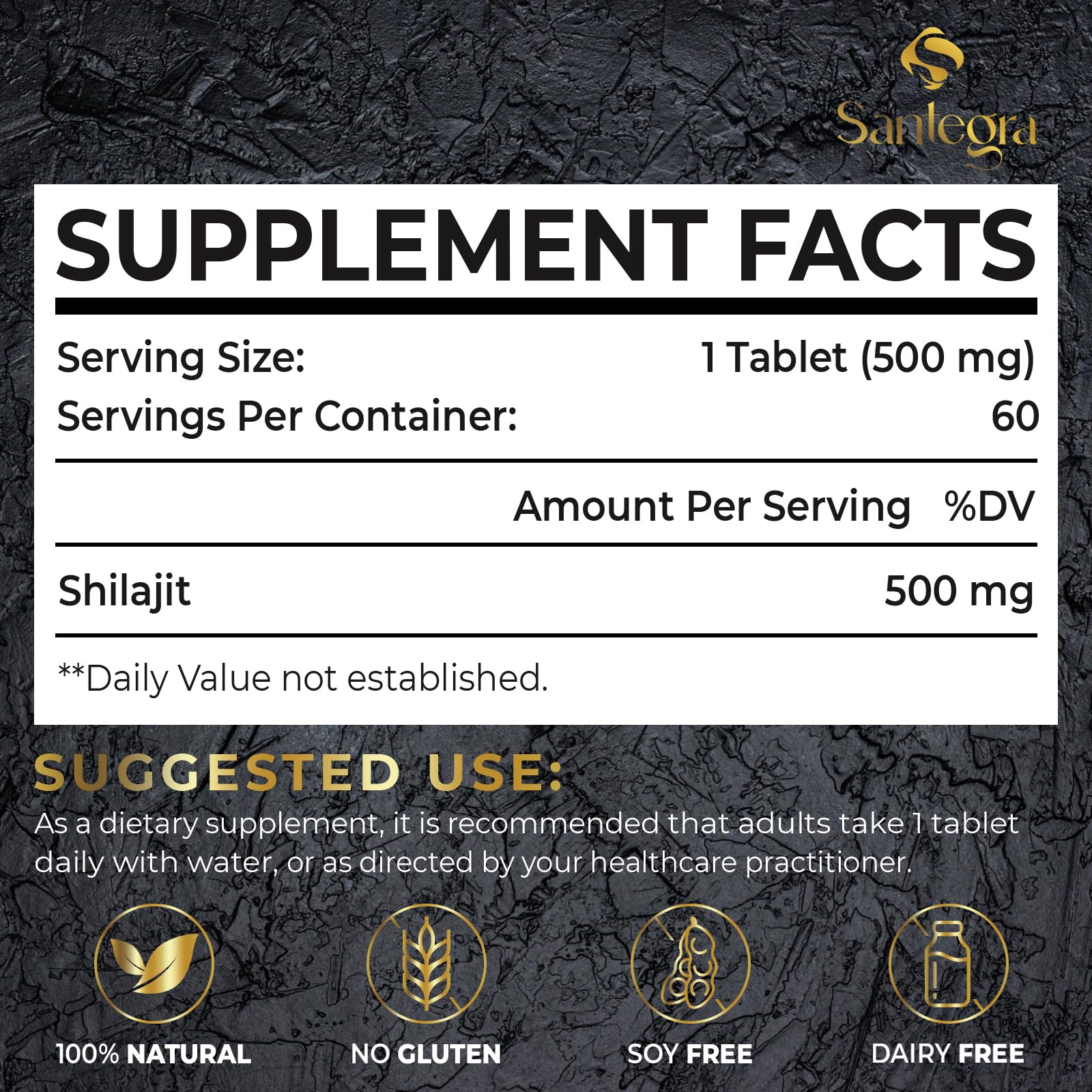 Santegra Shilajit Tablets 500 mg bottle side view
