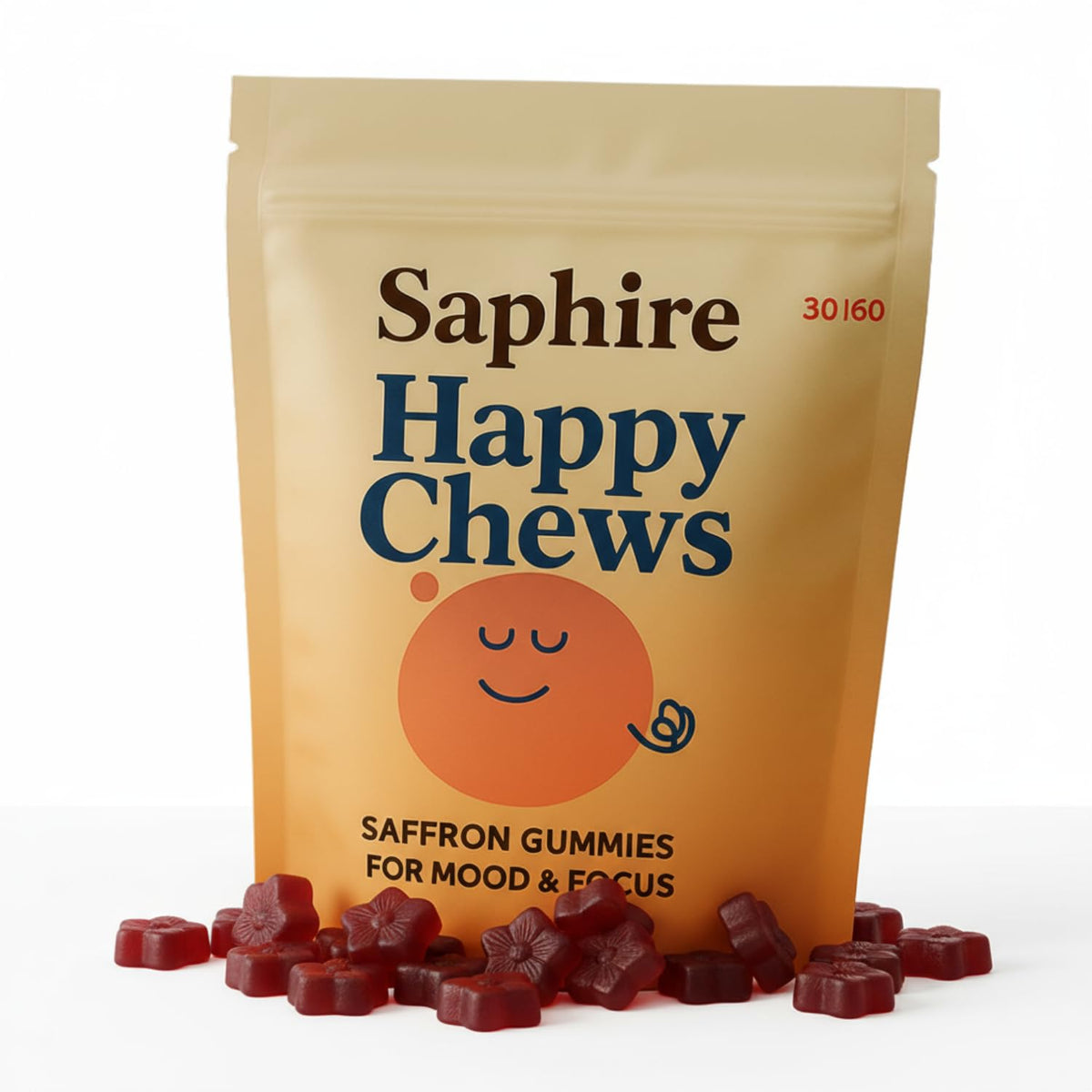 SAPHIRE HAPPY CHEWS Saffron Gummies front view with packaging